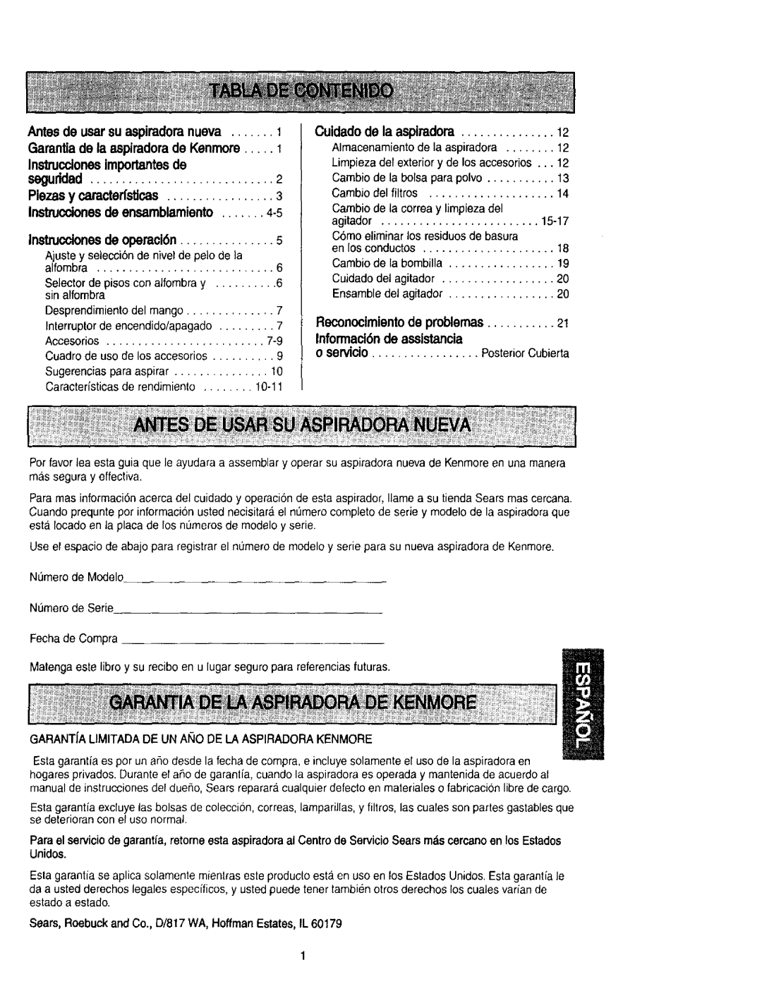 Kenmore 116.33612, 116.31613, 632, 116.31412, 116.31612A, 631 Antes de usarsu aspimdoranueva, Instrucclonesimportantesde 