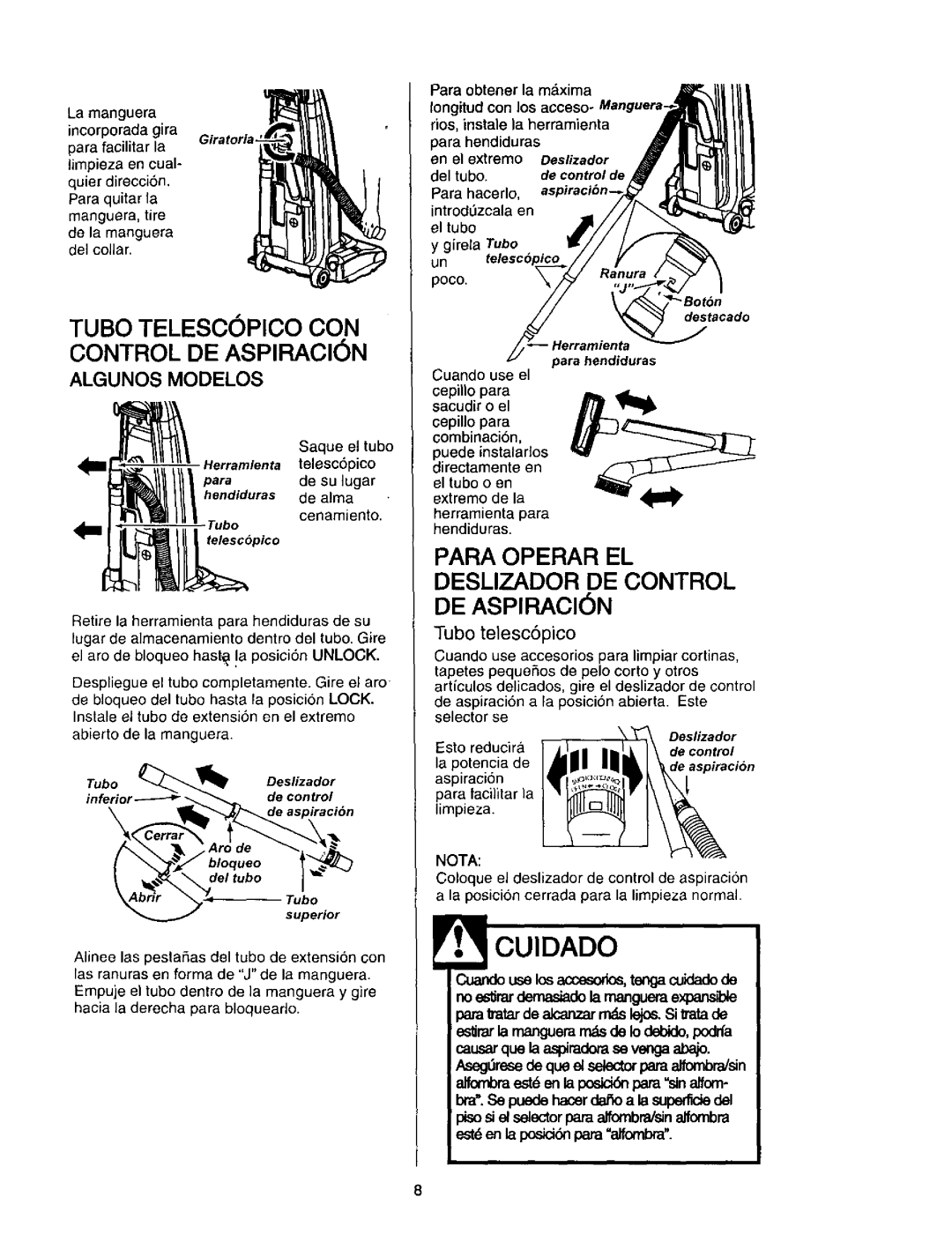 Kenmore 116.31613, 632, 116.31412, 116.31612A, 631, 116.31512 Tubo Telesoopico CON, Control DE ASPIRACI6N, Para Operar EL 