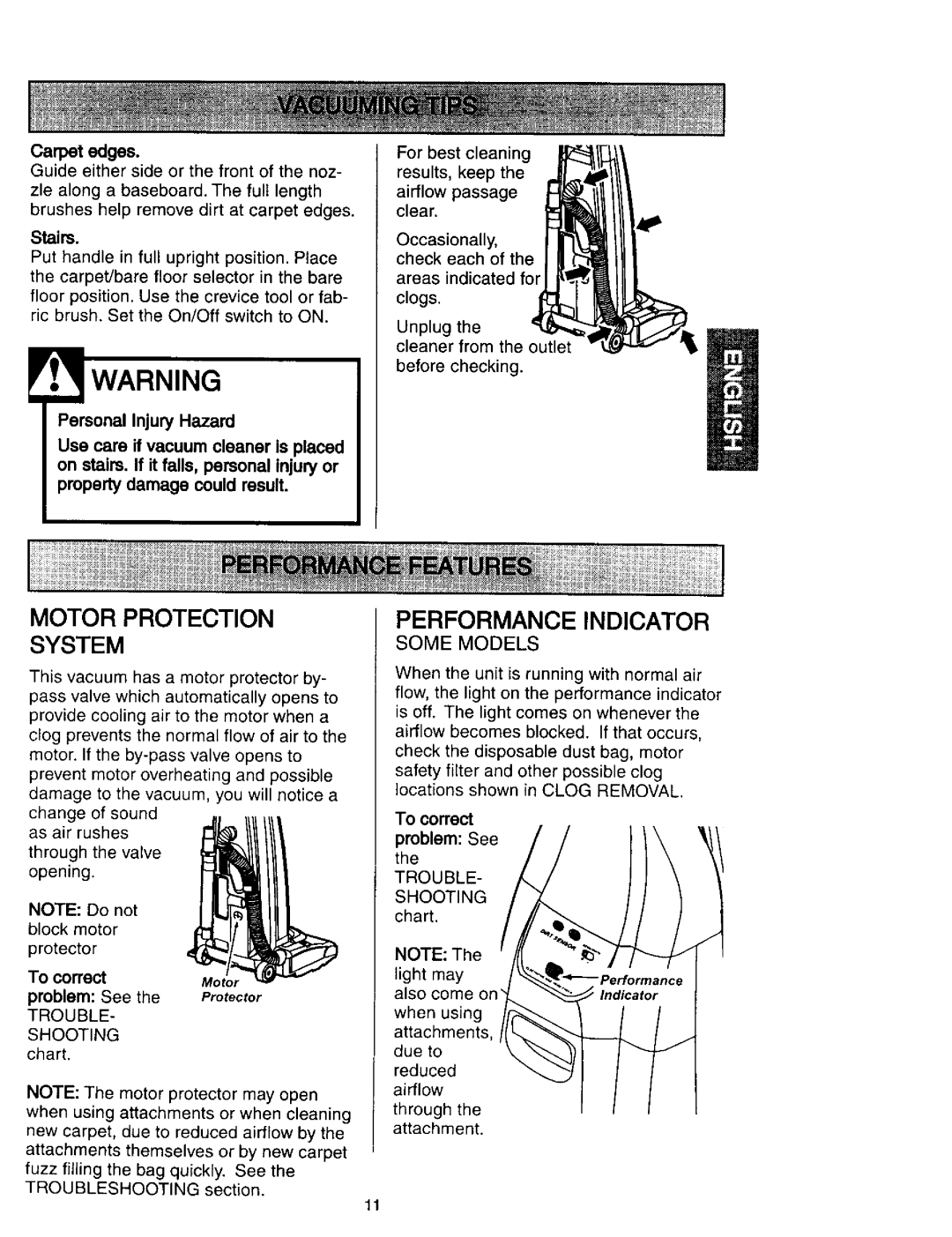 Kenmore 116.34613, 116.31613, 632, 631 Motor Protection System, Performance Indicator, Personal Injury Hazard, Stairs, chart 