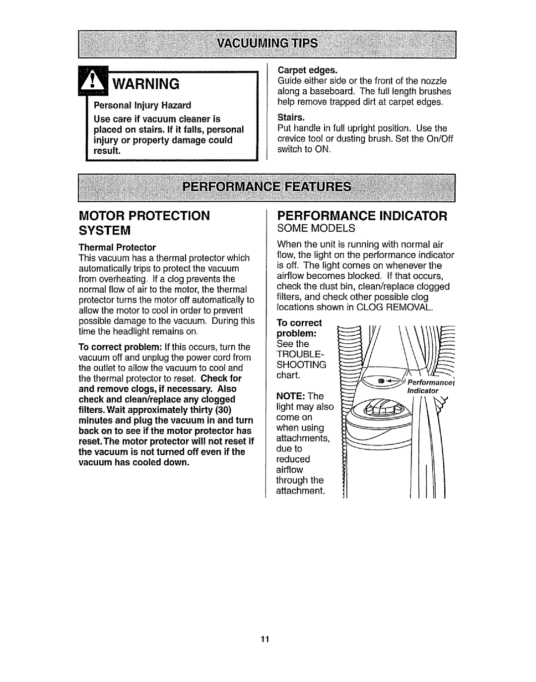 Kenmore 116.31721 owner manual Motor Protection, Performance Indicator, Stairs, Thermal Protector, To correct Problem 