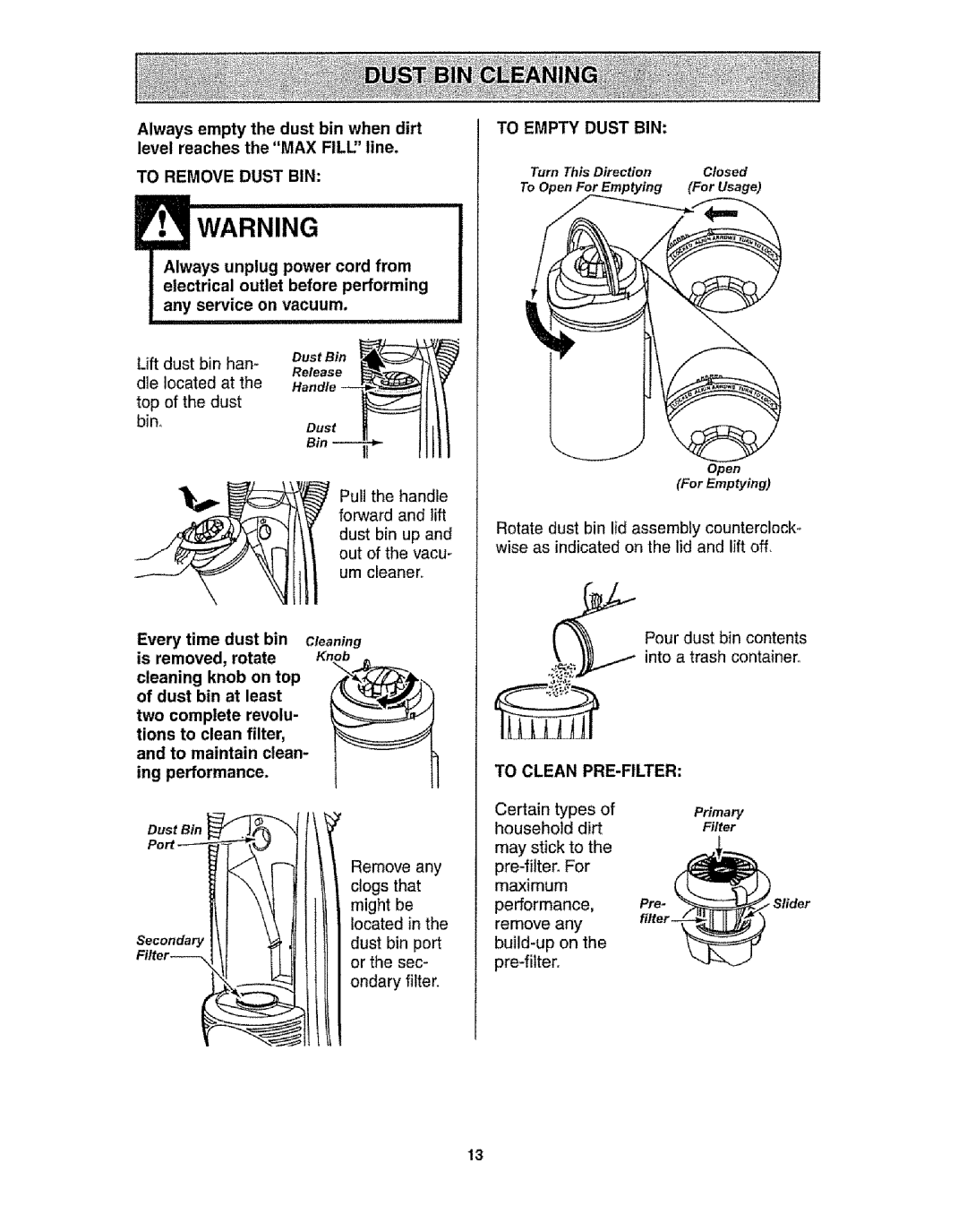 Kenmore 116.31721 To Remove Dust BIN, To Empty Dust BIN, Every time dust bin is removed, rotate Dust bin at least 