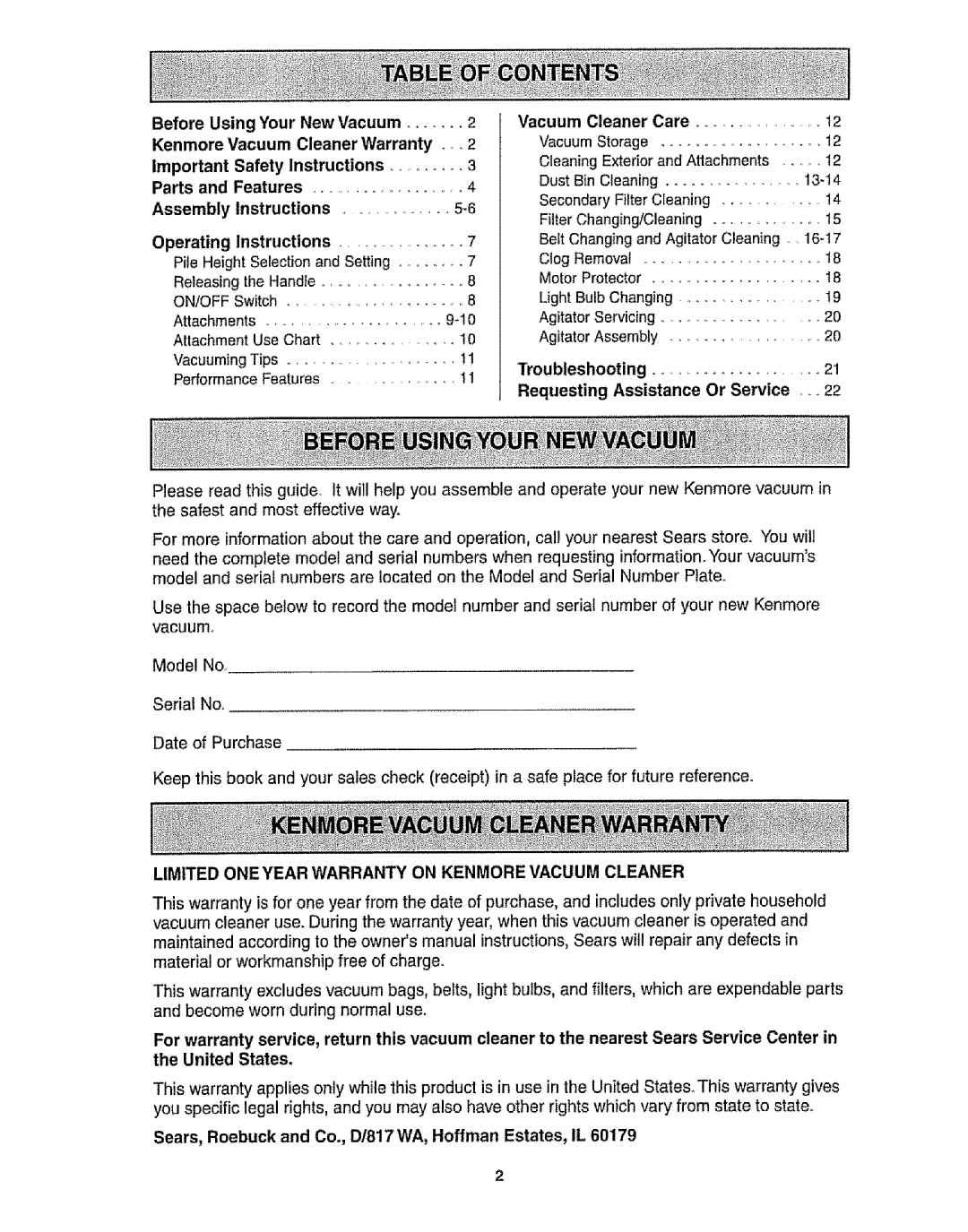 Kenmore 116.3172 Operating, Requesting Assistance Or Service, Limited ONE Year Warranty on Kenmore Vacuum Cleaner 