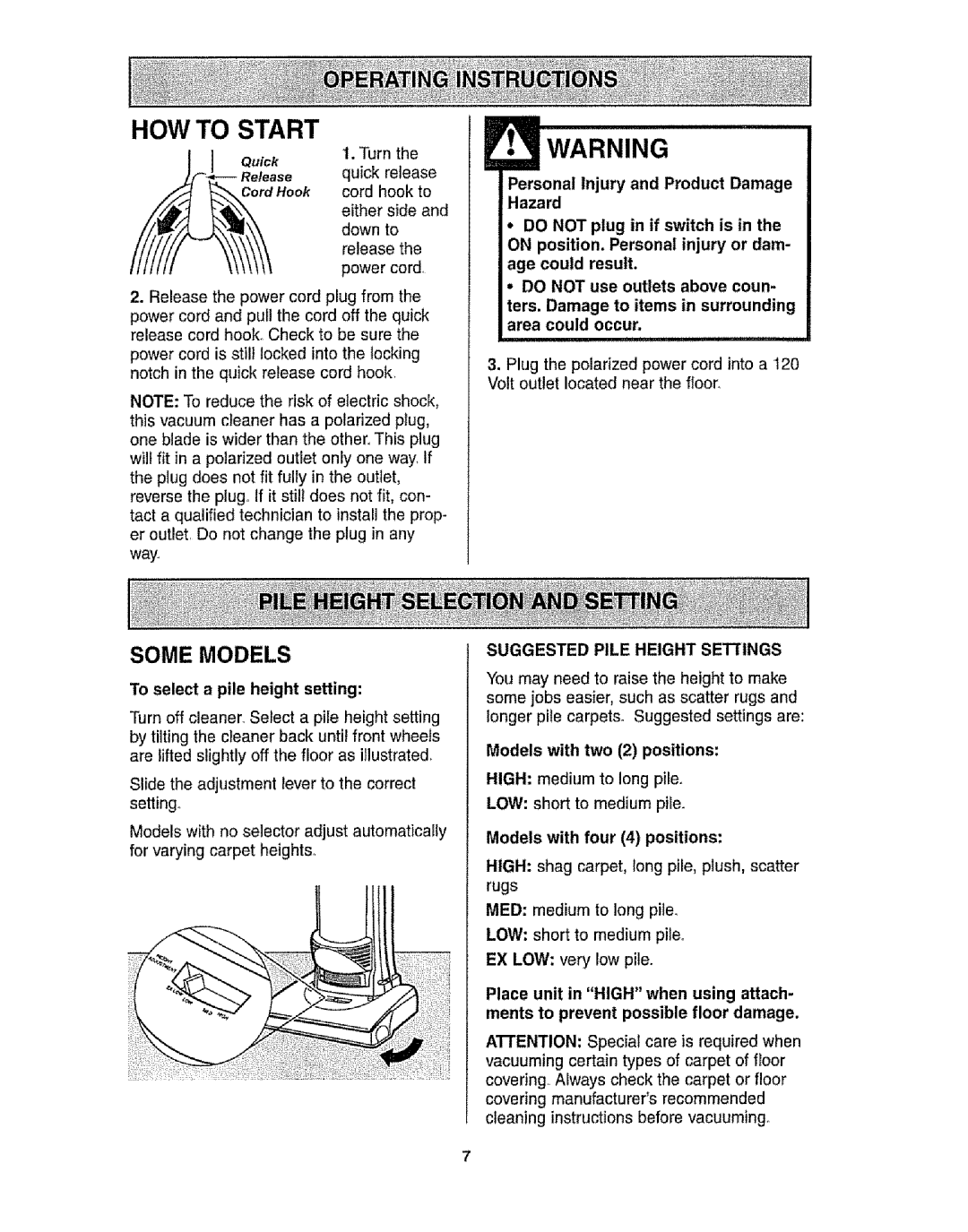 Kenmore 116.31721 owner manual Some Models, To select a pile height setting, Suggested Pile Height Settings 