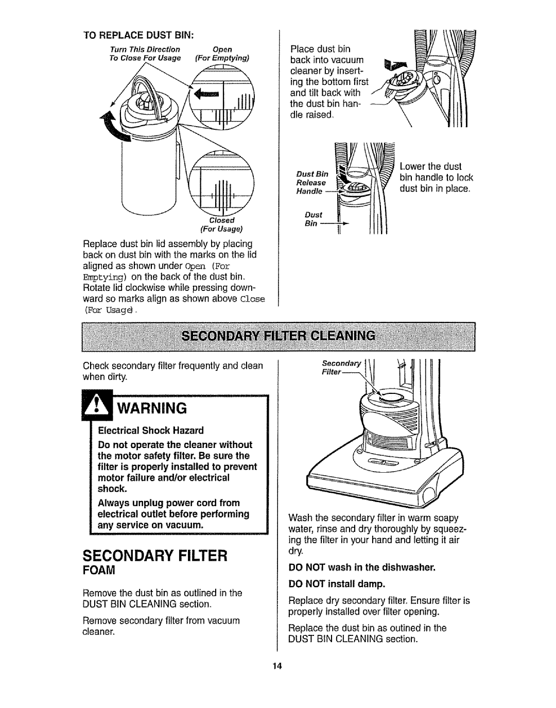 Kenmore 116.31721 owner manual Secondary Filter, Foam, To Replace Dust Bin, Electrical Shock Hazard 