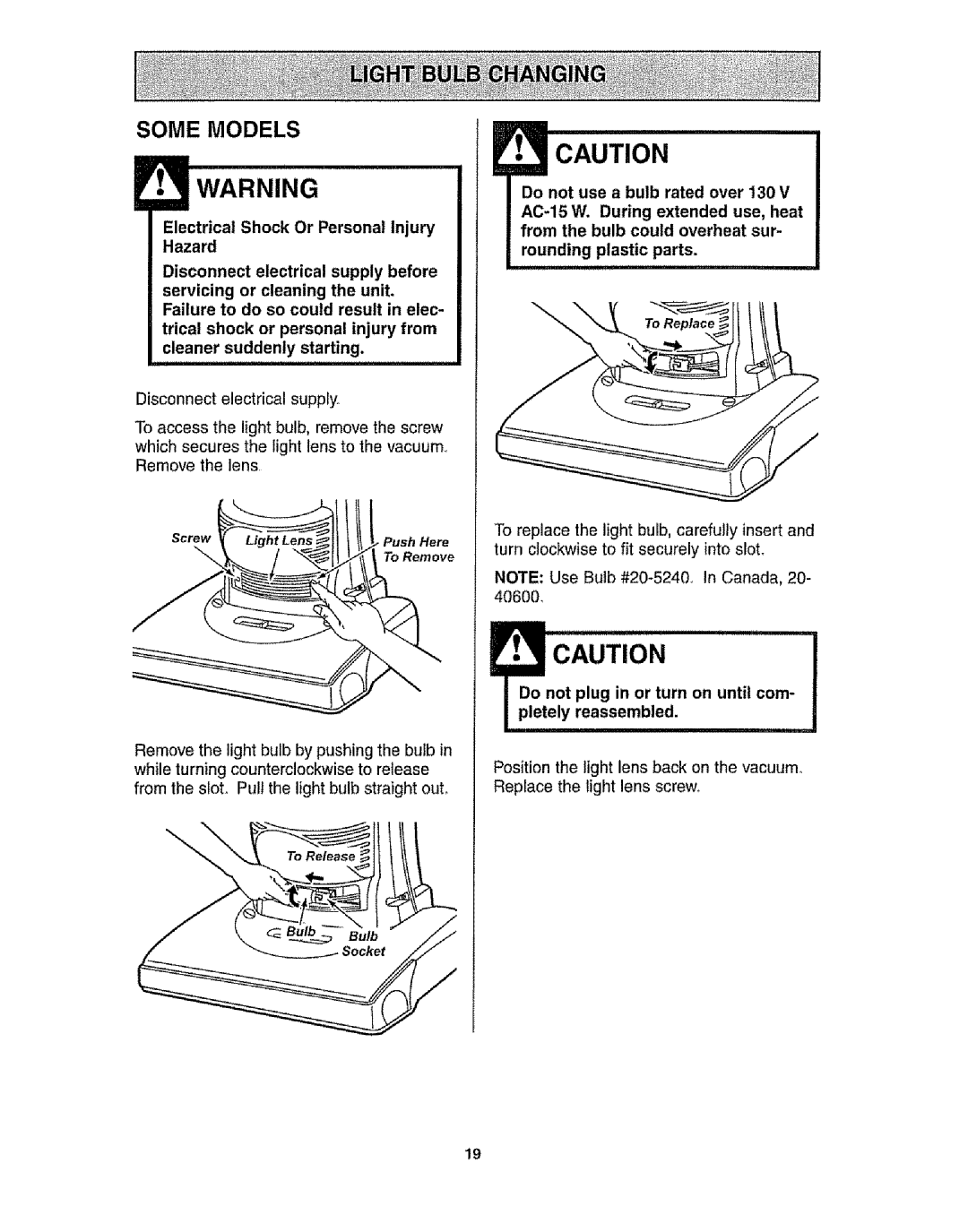 Kenmore 116.31721 owner manual cAuTI0, Some Models, Electrical Shock Or Personal Injury Hazard, rounding plastic parts 