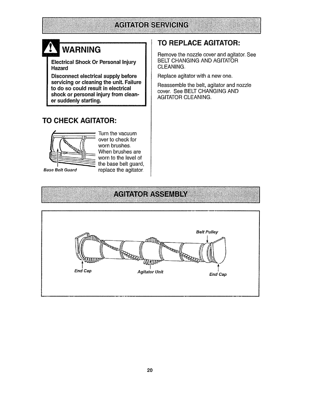 Kenmore 116.31721 owner manual To Replace Agitator, To Check Agitator, Electrical Shock Or Personal Injury Hazard 