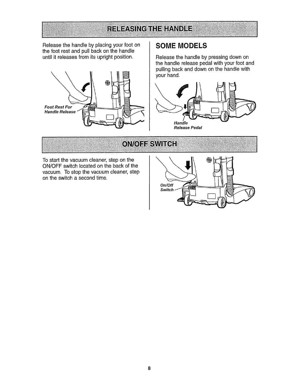 Kenmore 116.31721 owner manual Some Models, To start the vacuum cleaner, step on the 