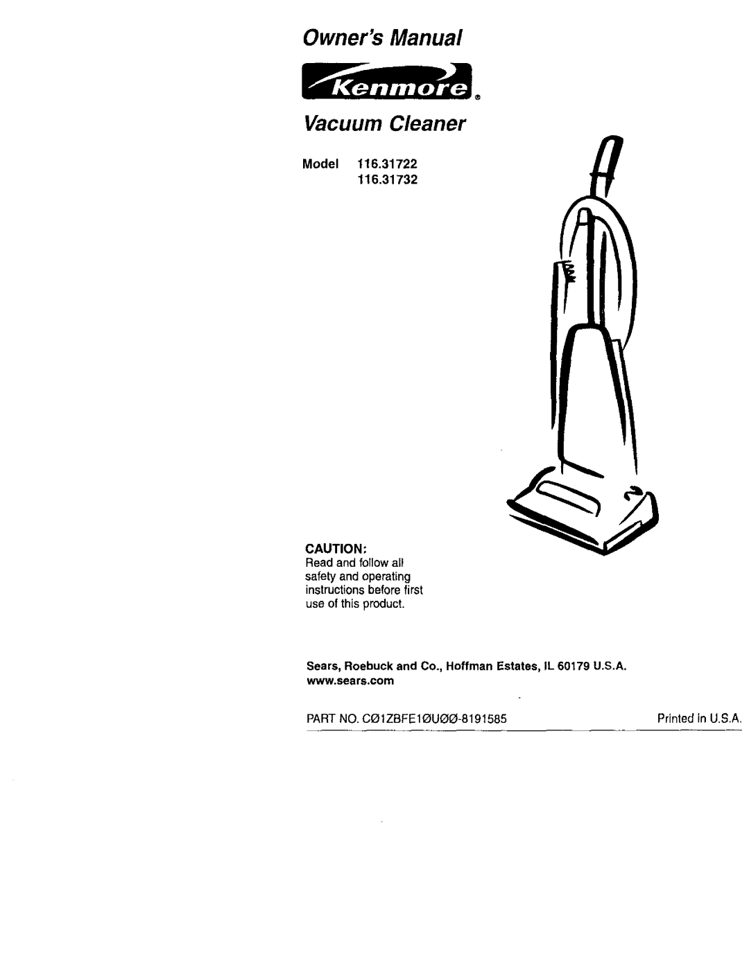 Kenmore 116.31732, 116.31722 owner manual Vacuum Cleaner 