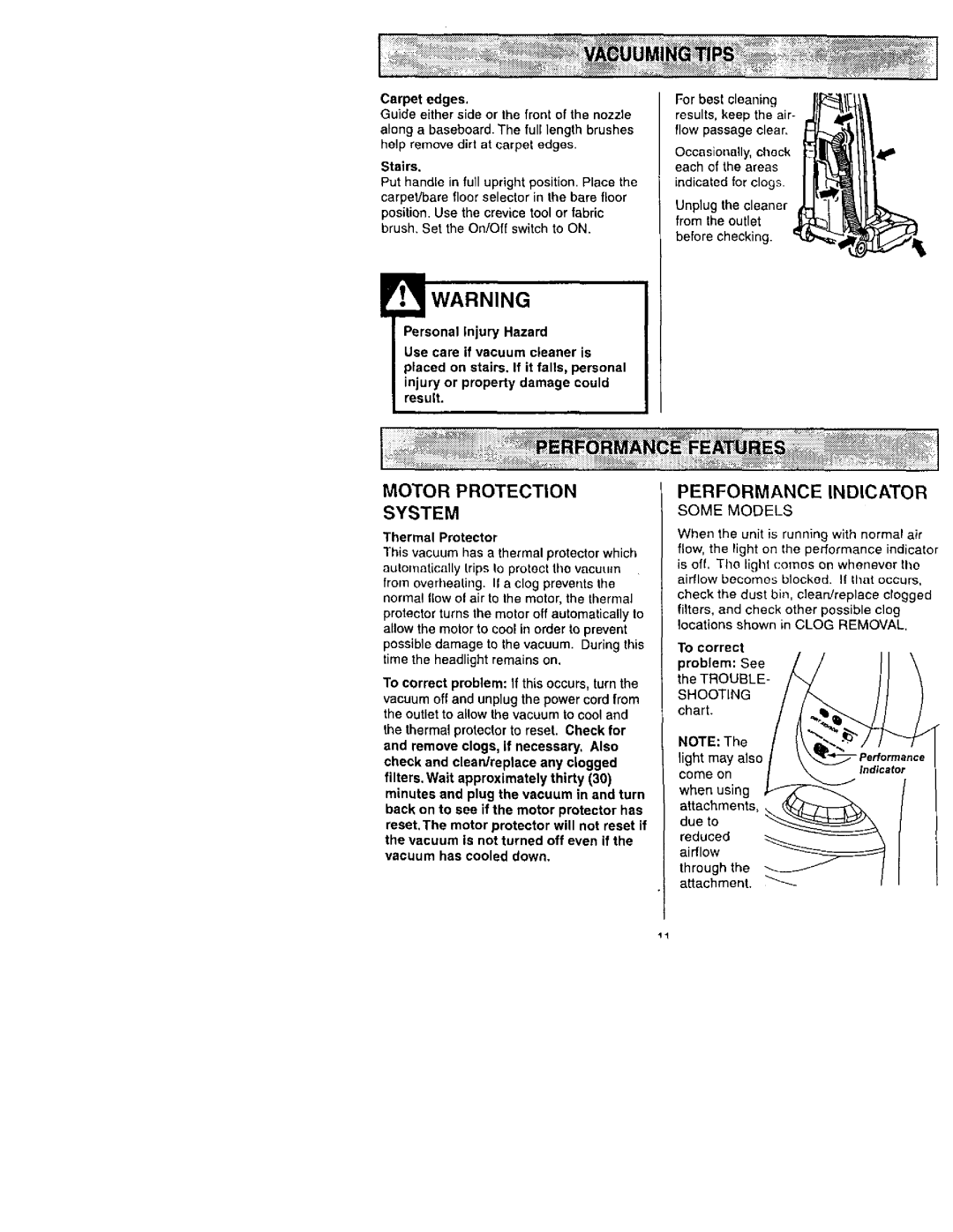 Kenmore 116.31732, 116.31722 owner manual Motor Protection, System, Performance Indicator 