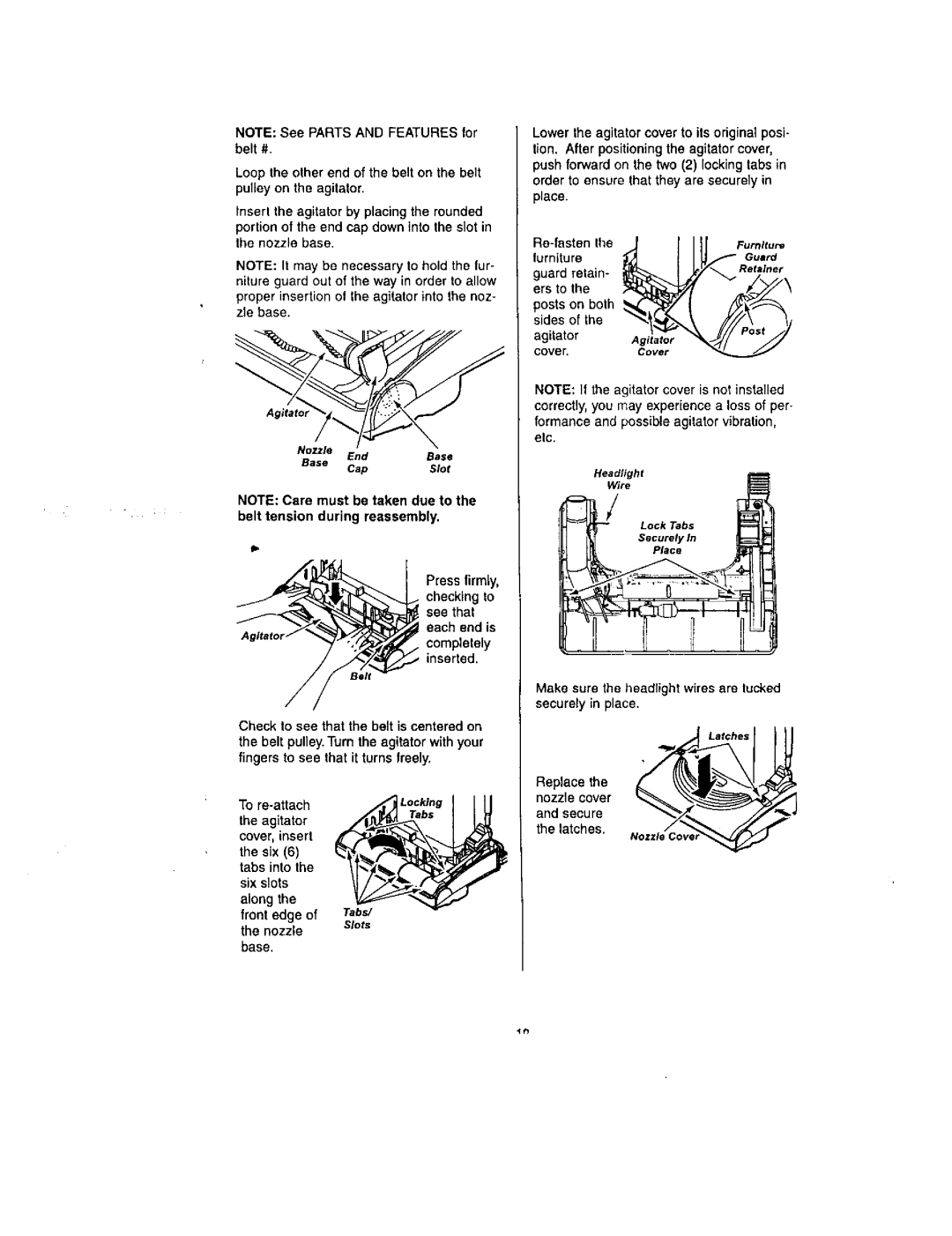 Kenmore 116.31732 Each end is, Agitator, Front edge, Base, Make sure the headlight wires are tucked securely in place 