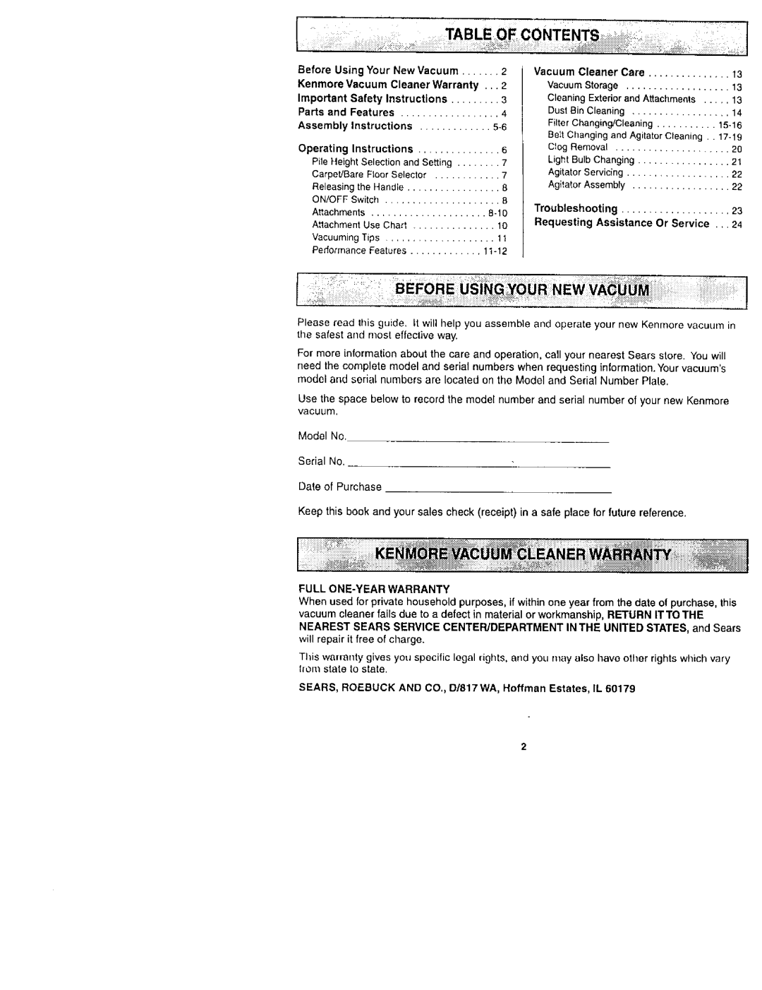 Kenmore 116.31722, 116.31732 owner manual Full ONE-YEAR Warranty 