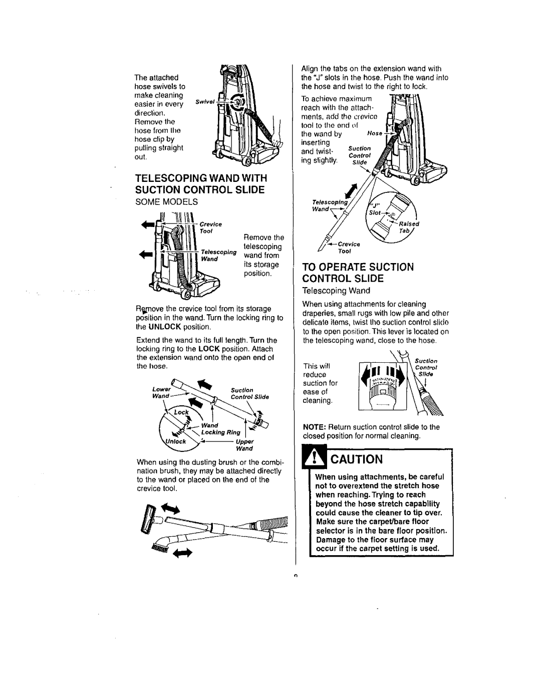 Kenmore 116.31732, 116.31722 owner manual To Operate Suction Control Slide, Telescoping Wand with, Inserting 