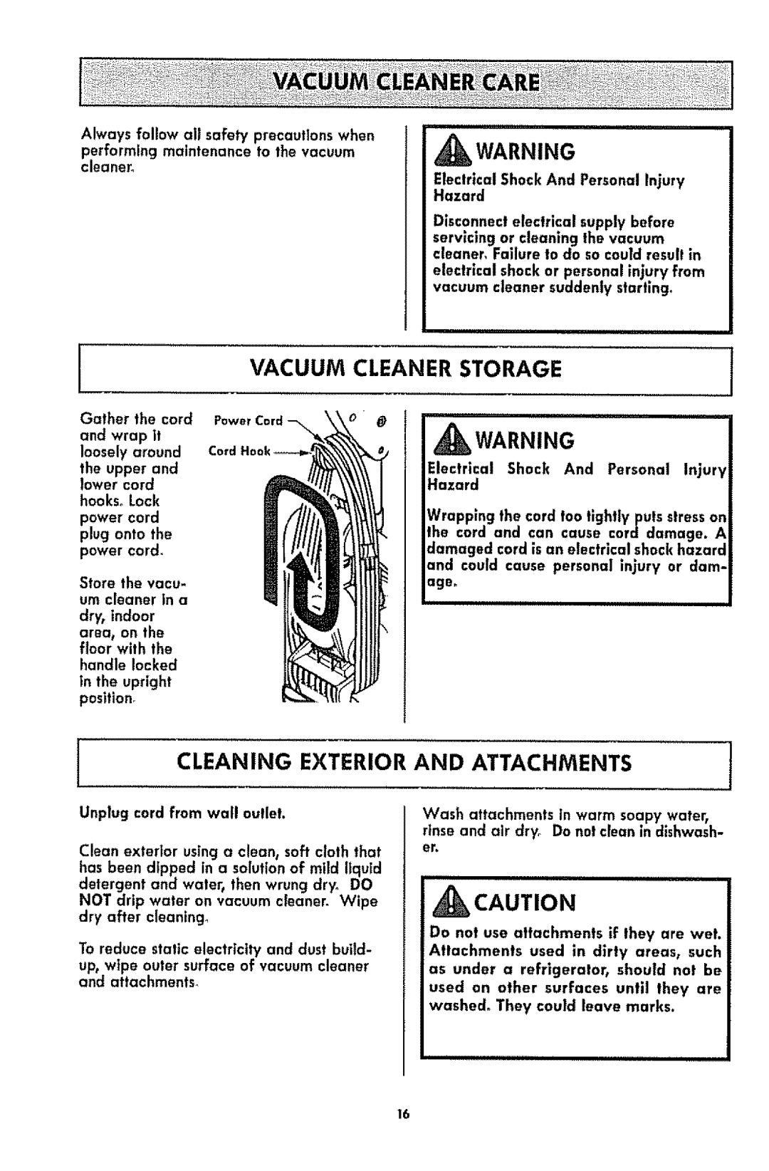 Kenmore 116.3181 manual Vacuum Cleaner Storage, Cleaning Exterior and Attachments 