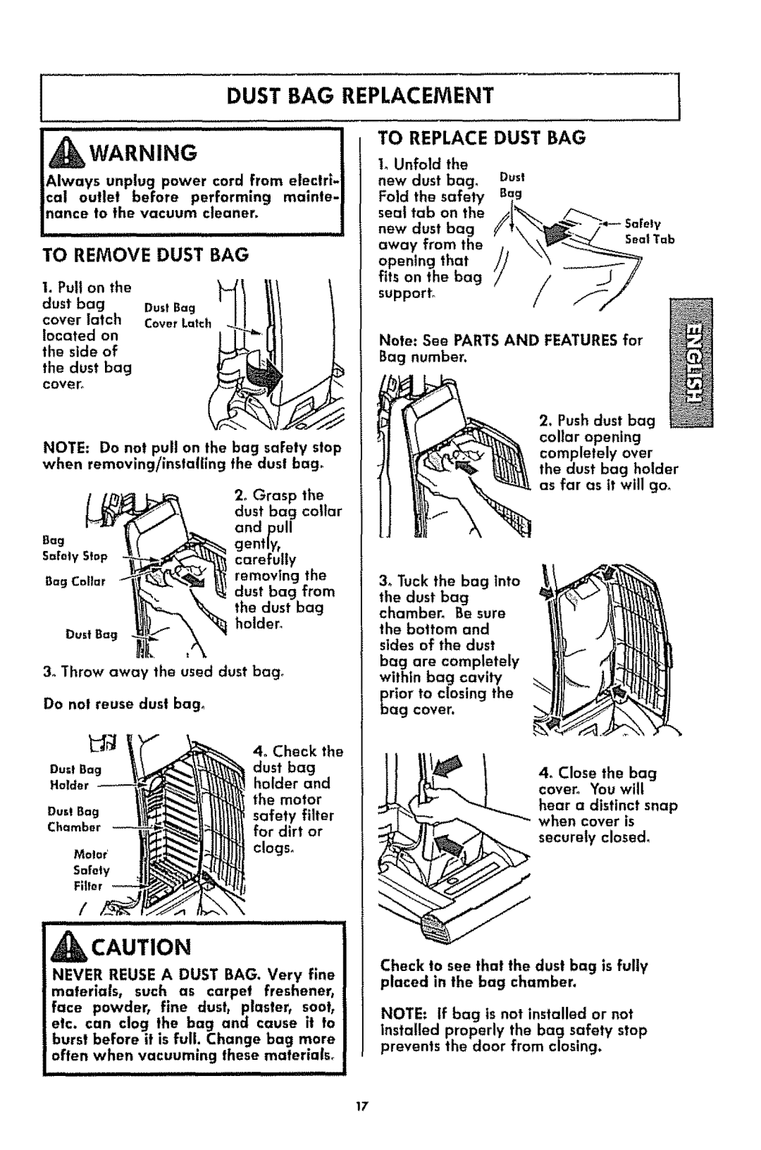 Kenmore 116.3181 manual Dust BAG Replacement, To Replace Dust BAG, To Remove Dust BAG 