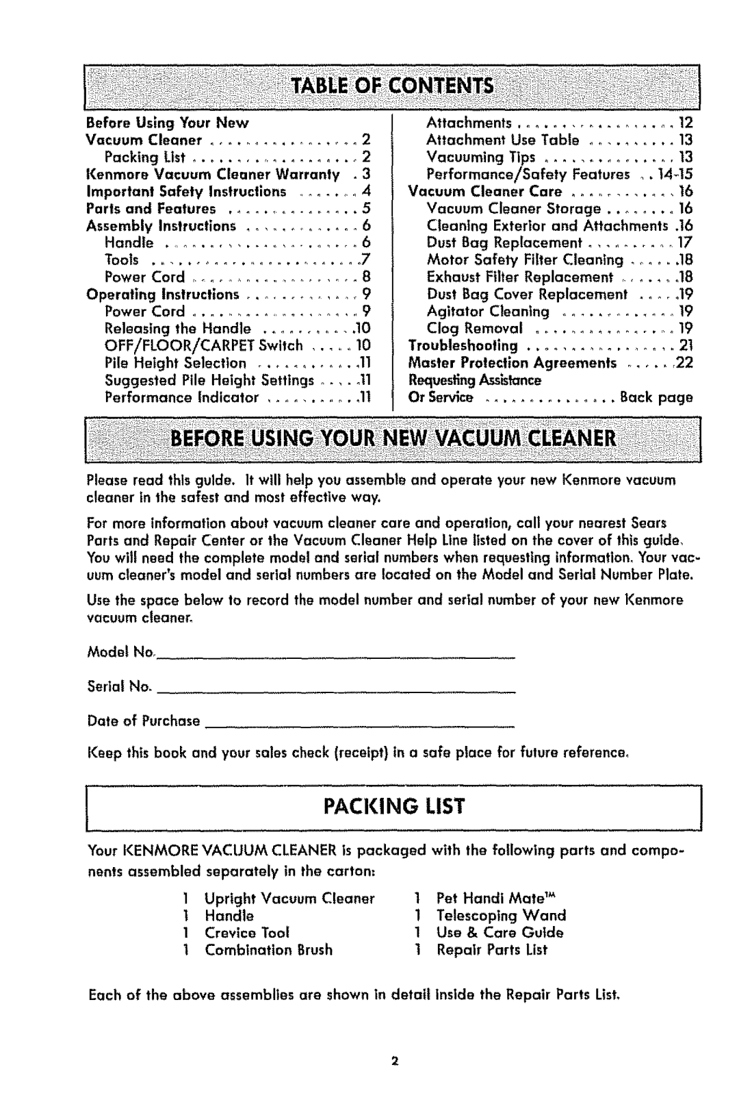 Kenmore 116.3181 manual Packing List, Off/Floor/Carpet 