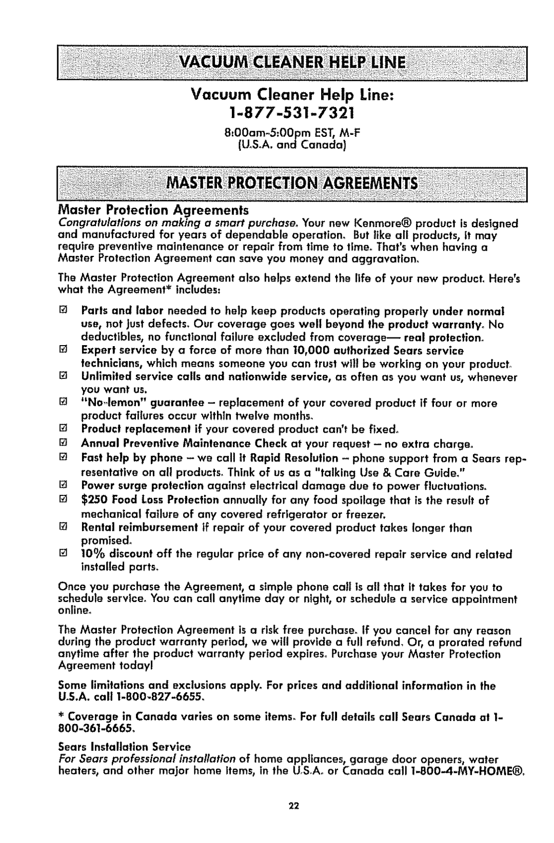 Kenmore 116.3181 manual Master Protection Agreements, 00am-500pm ESToM-F UoS.A.andCanada 