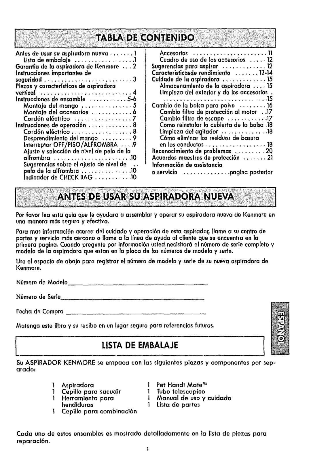 Kenmore 116.3181 manual Alfrombra, Ljsta DE Enbalaje 