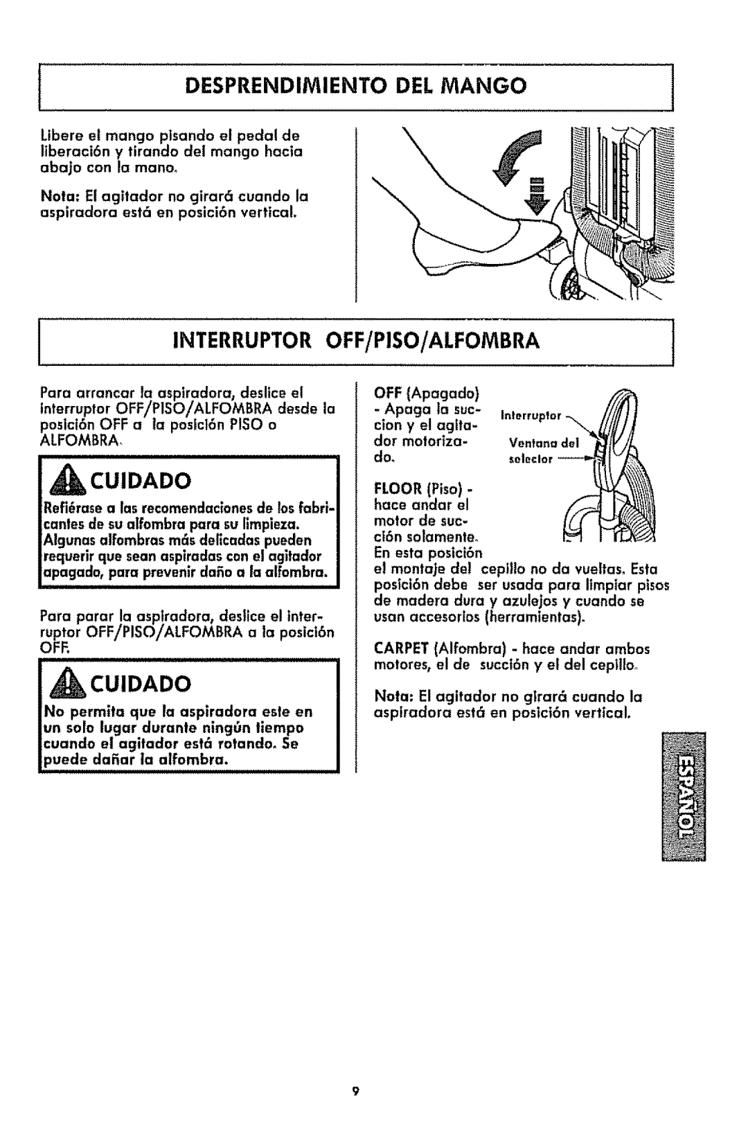 Kenmore 116.3181 manual Desprendimiento DEL Mango, Interruptor OFF/PISO/ALFOMBRA 