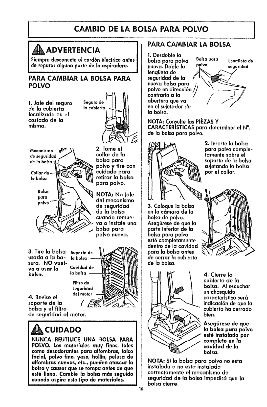 Kenmore 116.3181 manual Cambio DE LA Balsa Para Polvo, Para Cambiar LA Balsa Para Polvo, Balsa de polvo 