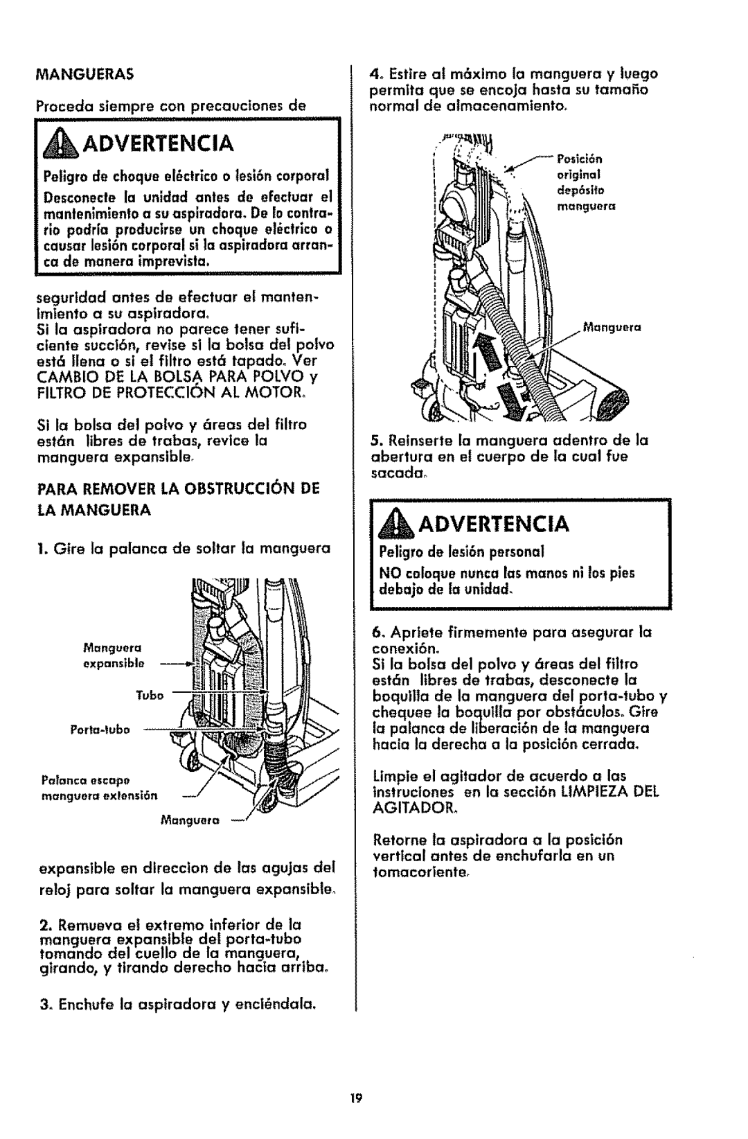 Kenmore 116.3181 manual Gtre la palanca de salter ia manguera, Iviangueras, Filtro DE PROTECC16N AL Motor 