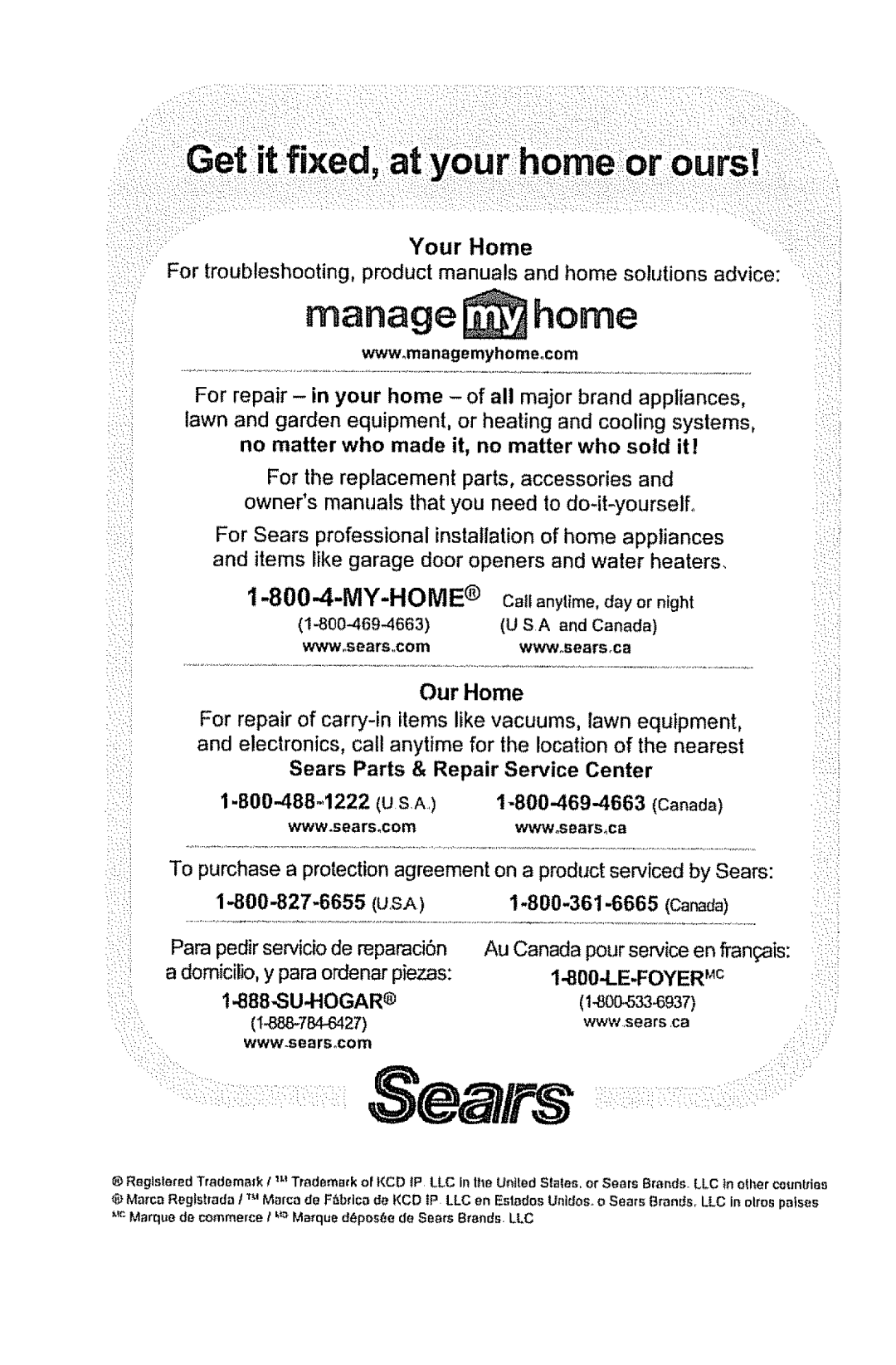 Kenmore 116.3181 manual My-Home, Wwwsears,,com, Sears Parts & Repair Service Center 