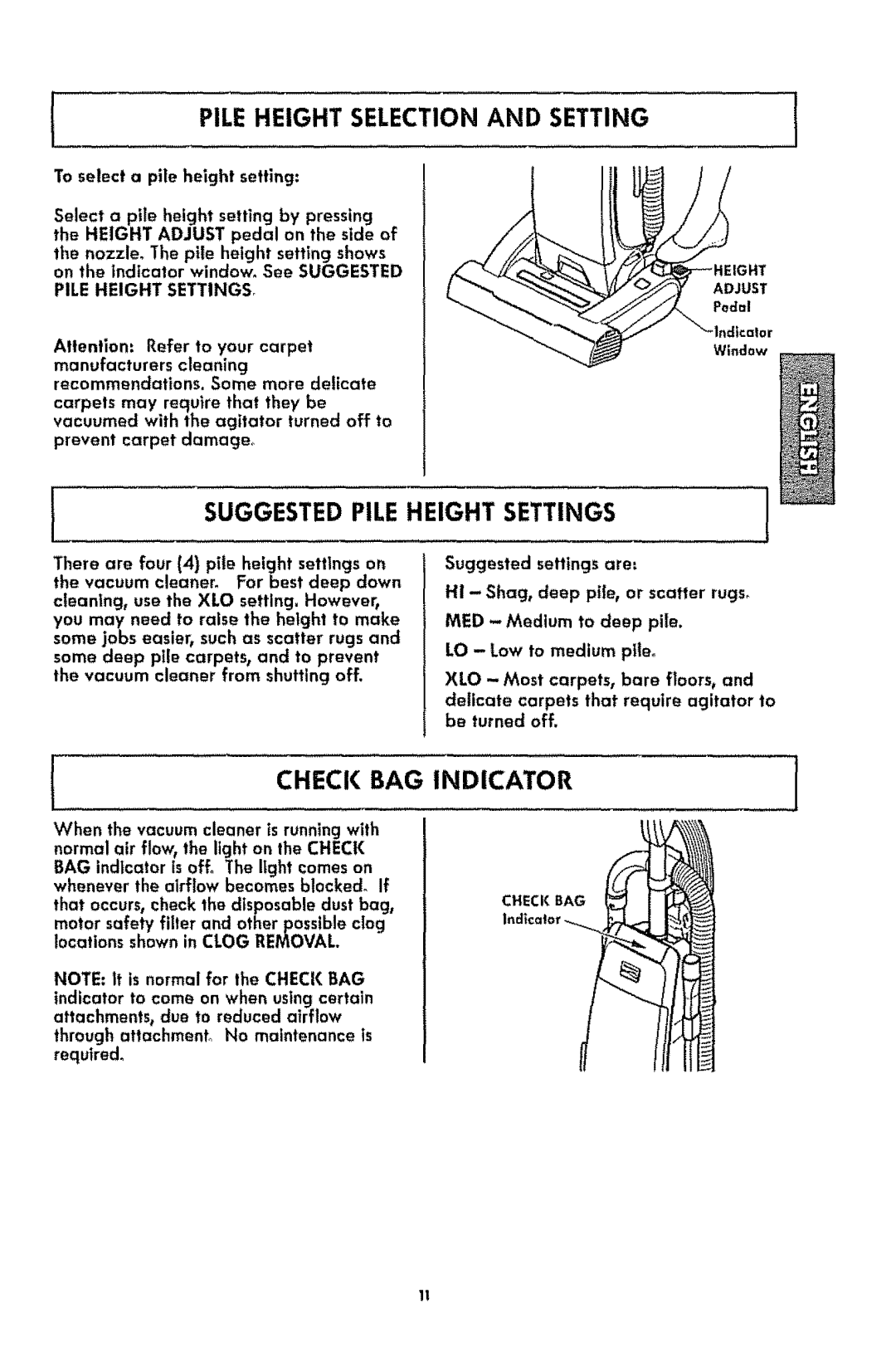 Kenmore 116.3181 manual Pile Height Selection And Setting, Suggested Pile Height Settings, Check Bag Indicator 