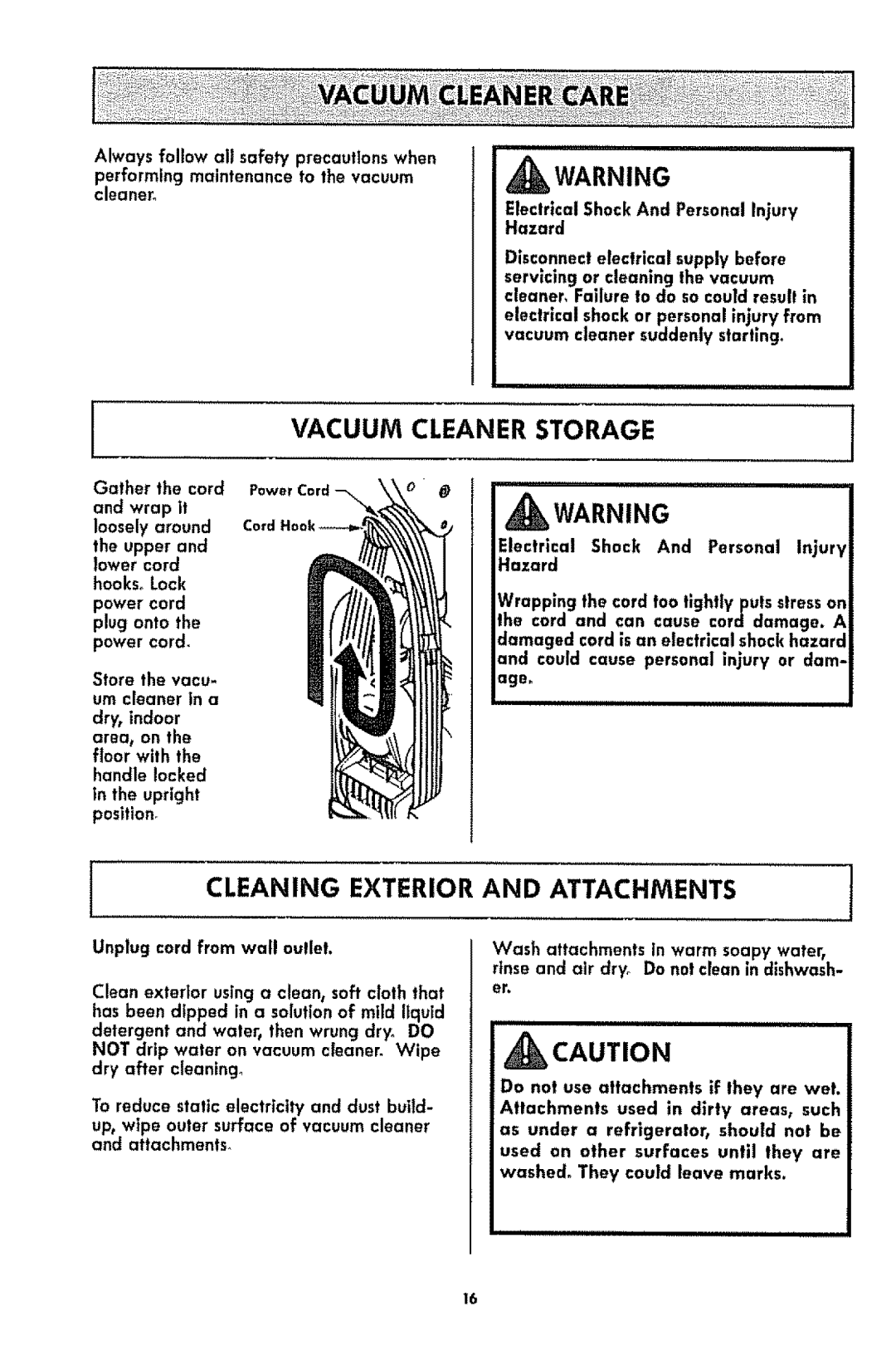 Kenmore 116.3181 manual Vacuum Cleaner Storage, Cleaning Exterior And Attachments, _Warning 