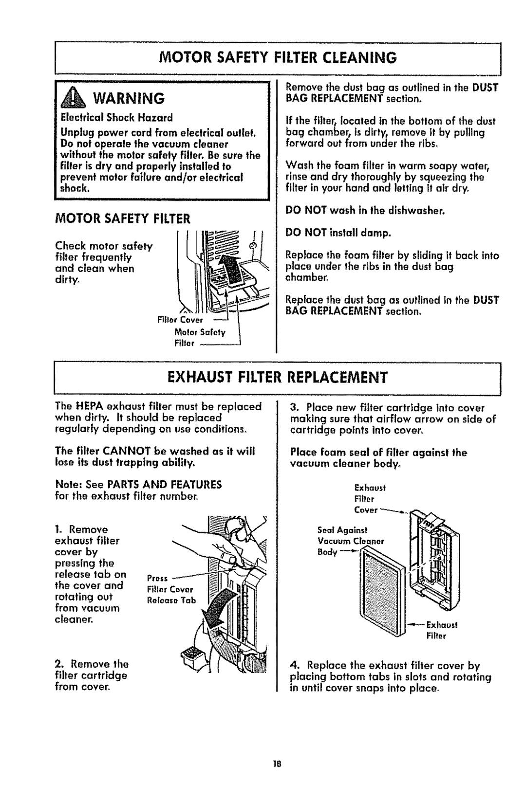 Kenmore 116.3181 manual Motor Safety Filter Cleaning, Exhaust Filter Replacement 