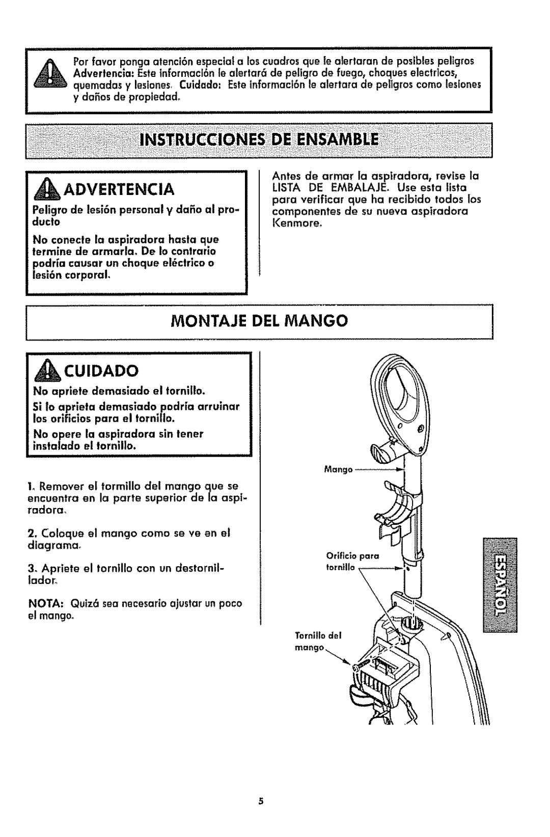 Kenmore 116.3181 manual _Advertencia, Montaje Del Mango, Cuidado, Apriete el torntllo con un destorntl- lador 