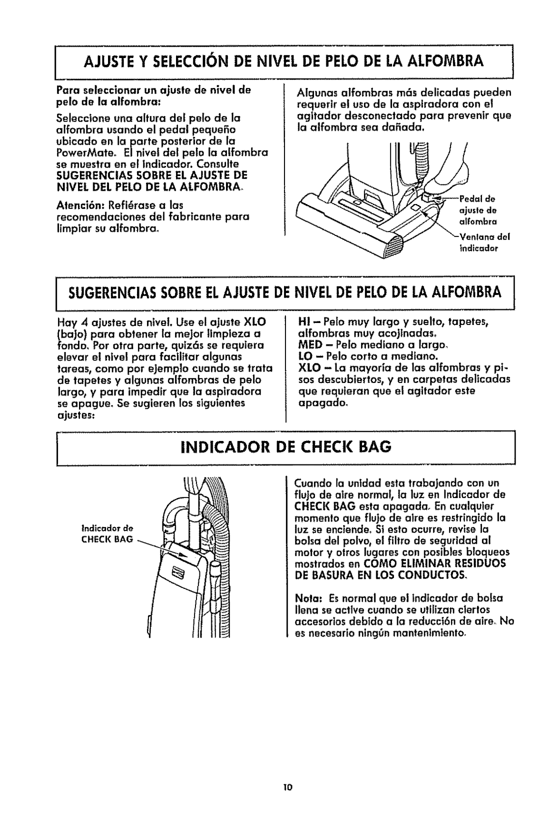 Kenmore 116.3181 manual Ajuste Y Selecci_N De Nivel De Pelode La Alfombra, Indicador De Check Bag 