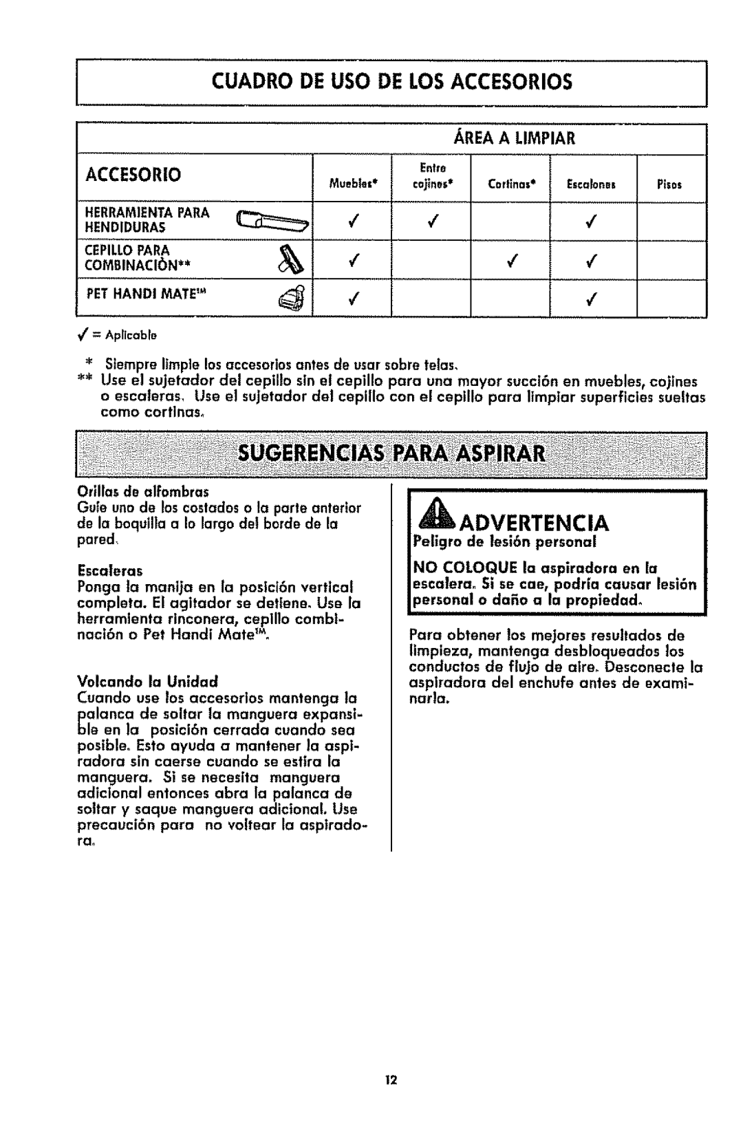 Kenmore 116.3181 manual AREA ALiMeiAR, Cuadro De Uso De Los Accesorios, ce,z..=, E.¢ar0, Mumble.* coji.0, Advetec, Pi=0 