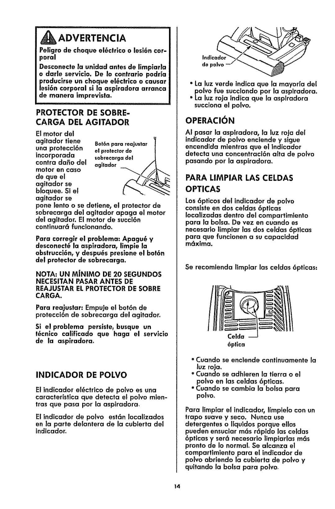 Kenmore 116.3181 manual _Advertencia, Protector De Sobre Carga Del Agitador, Indicador De Polvo, OPERACIbN 