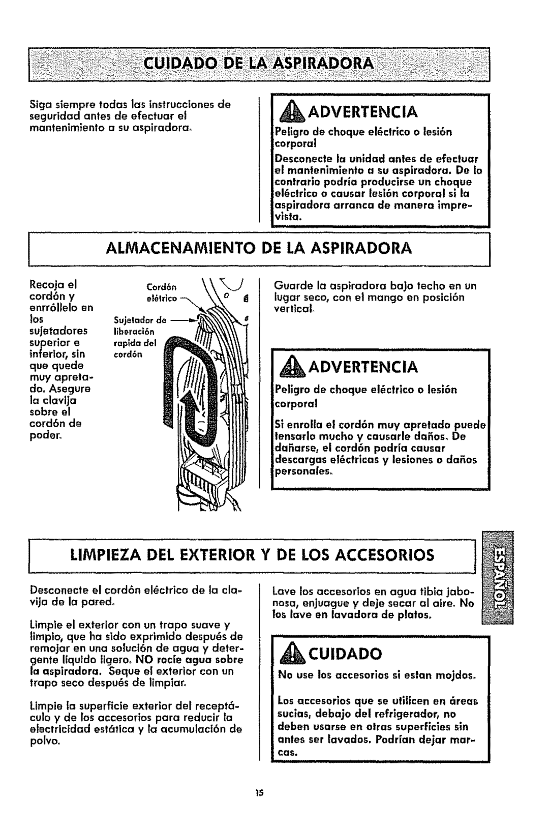 Kenmore 116.3181 iALMACENAMIENTO, De La Aspiradora, Ilimpieza Del Exterior, Y De Los Accesorios, cu,D oo, _Advertencia 