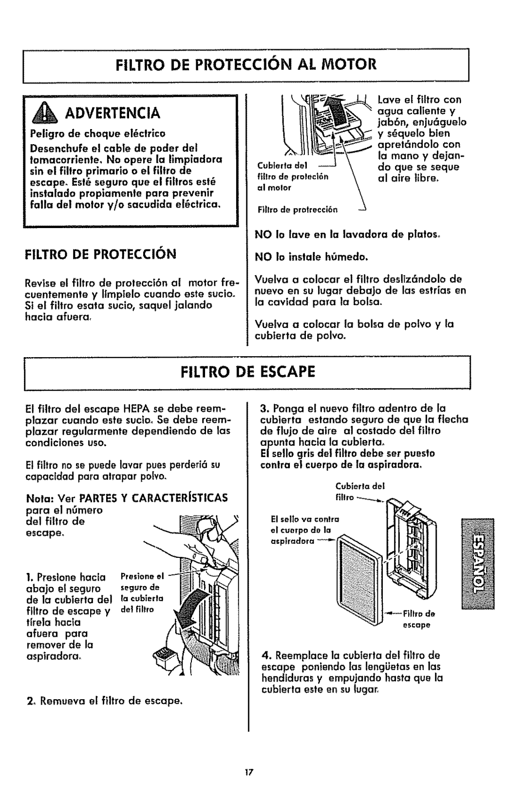 Kenmore 116.3181 manual Filtro De Proteccion Al Motor, _ Advertencia, Filtro De Escape 