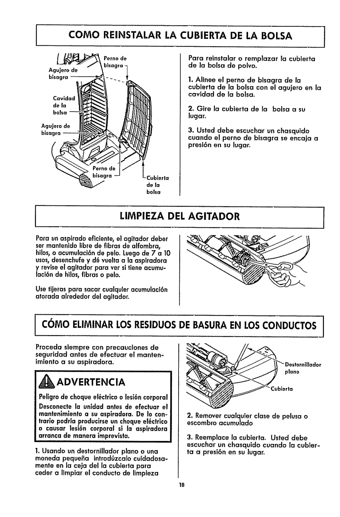 Kenmore 116.3181 manual LINtPIEZA DEL AGITADOR, _I_Advertencia, 2, Glre la cublerta de la bolsa a su lugar 