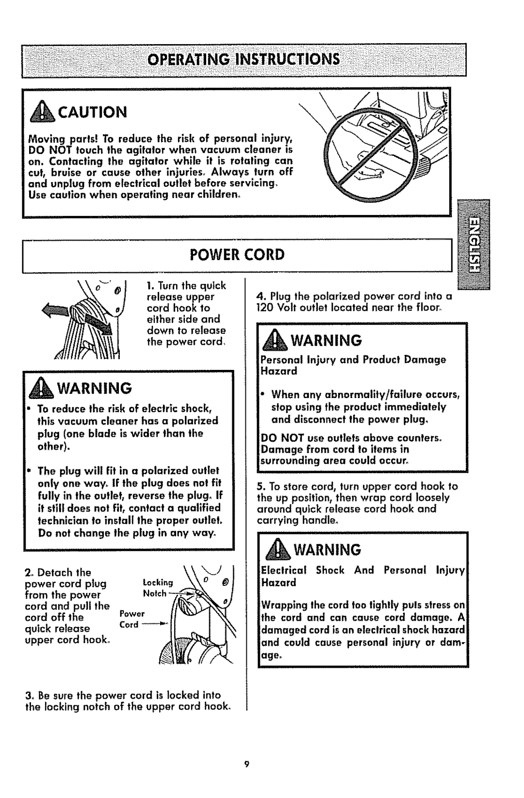 Kenmore 116.3181 manual _Caution, Power Cord, _Warning, I. Turnthe quick, either side and down to release the power cord 