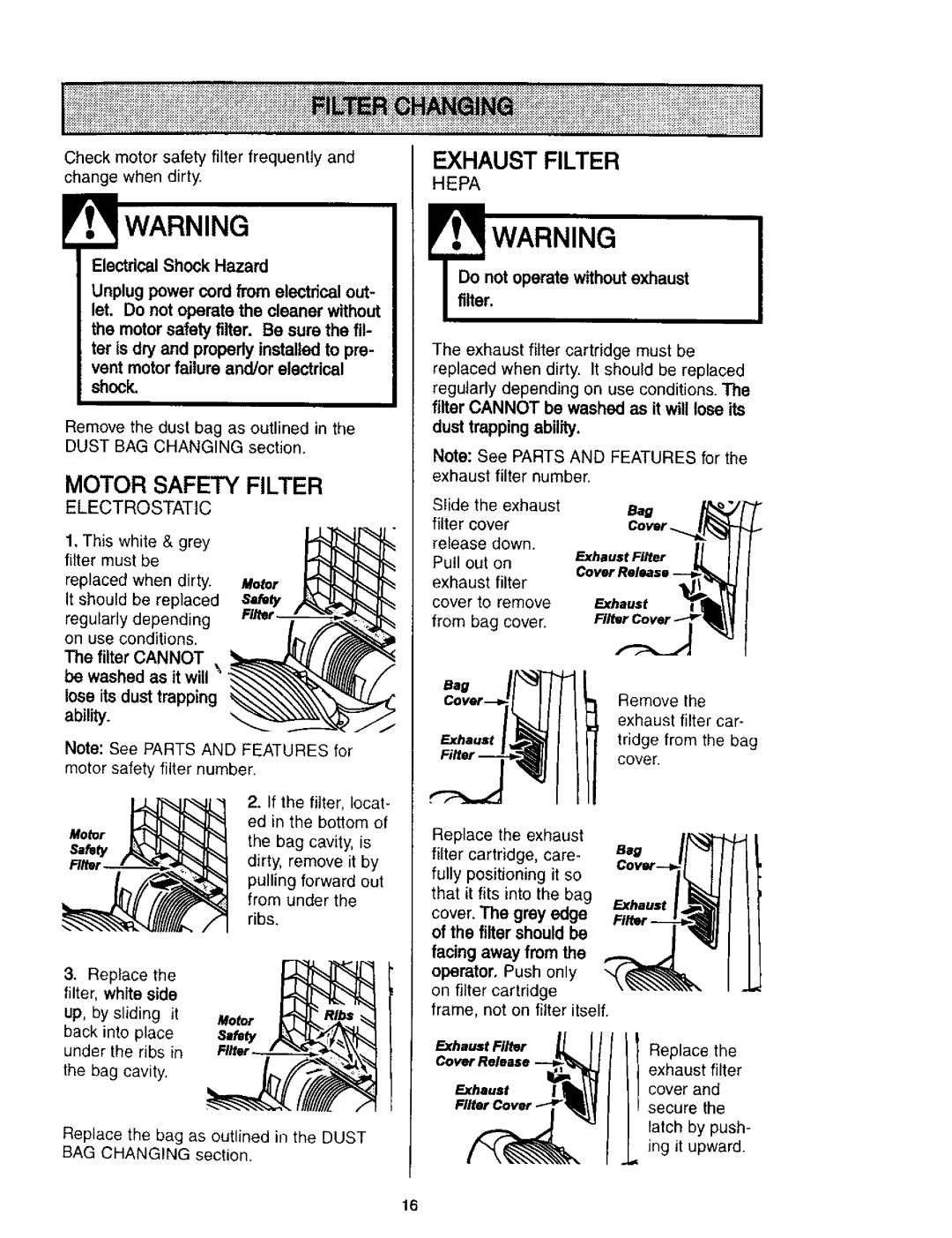 Kenmore 116.31912, 116.31913 owner manual Motor Safety Filter, Motor safety Rite, Covert, Exhau 