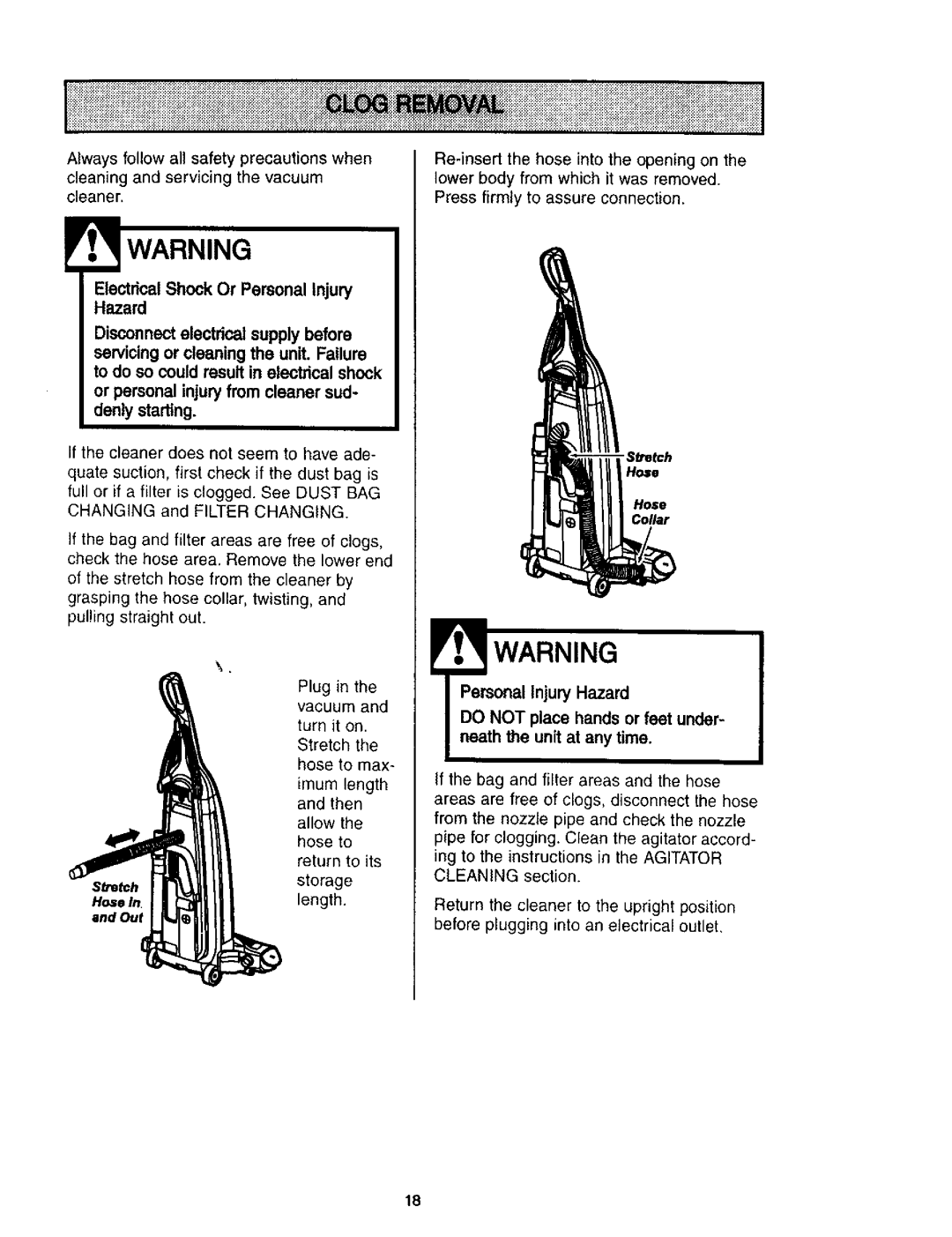 Kenmore 116.31912, 116.31913 owner manual Hazard, Hose Return, Storage Length 