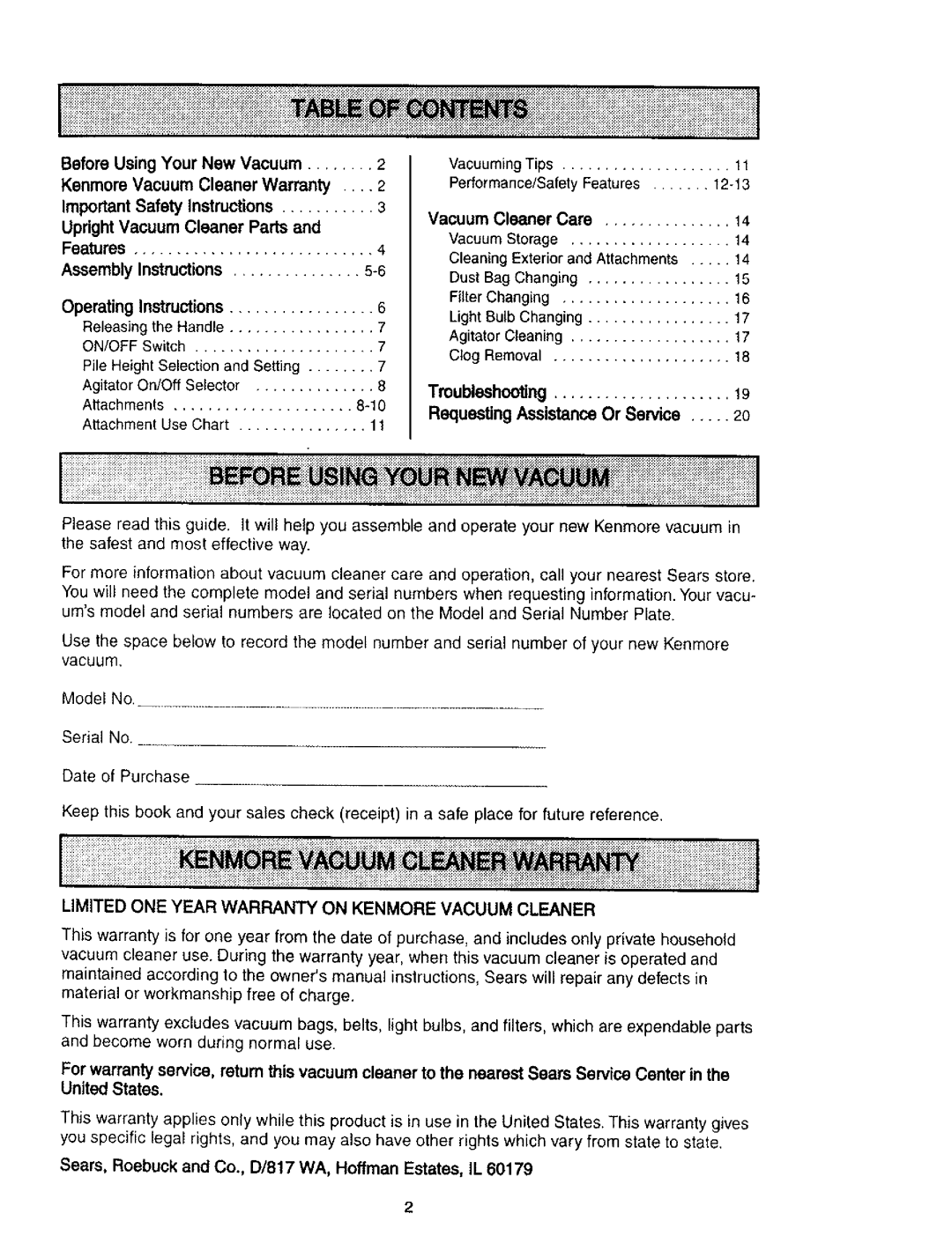 Kenmore 116.31912 Features Assembly Instructions, Troubleshooting, Limited ONE Year Warranty on Kenmore Vacuum Cleaner 