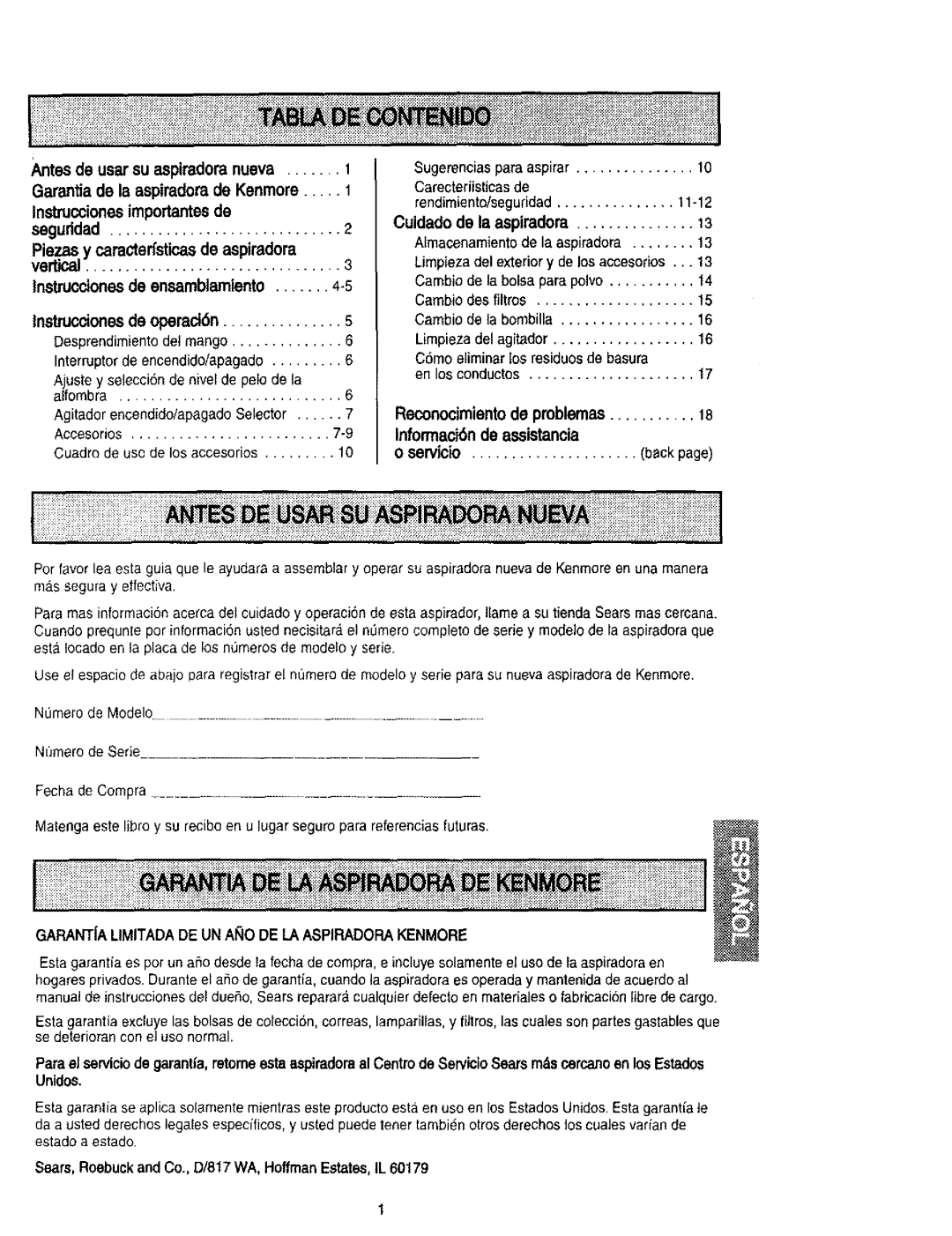 Kenmore 116.31913, 116.31912 owner manual Seguridad, Instrucciones de ensamblamiento, Interrupterde encendido/apagado 