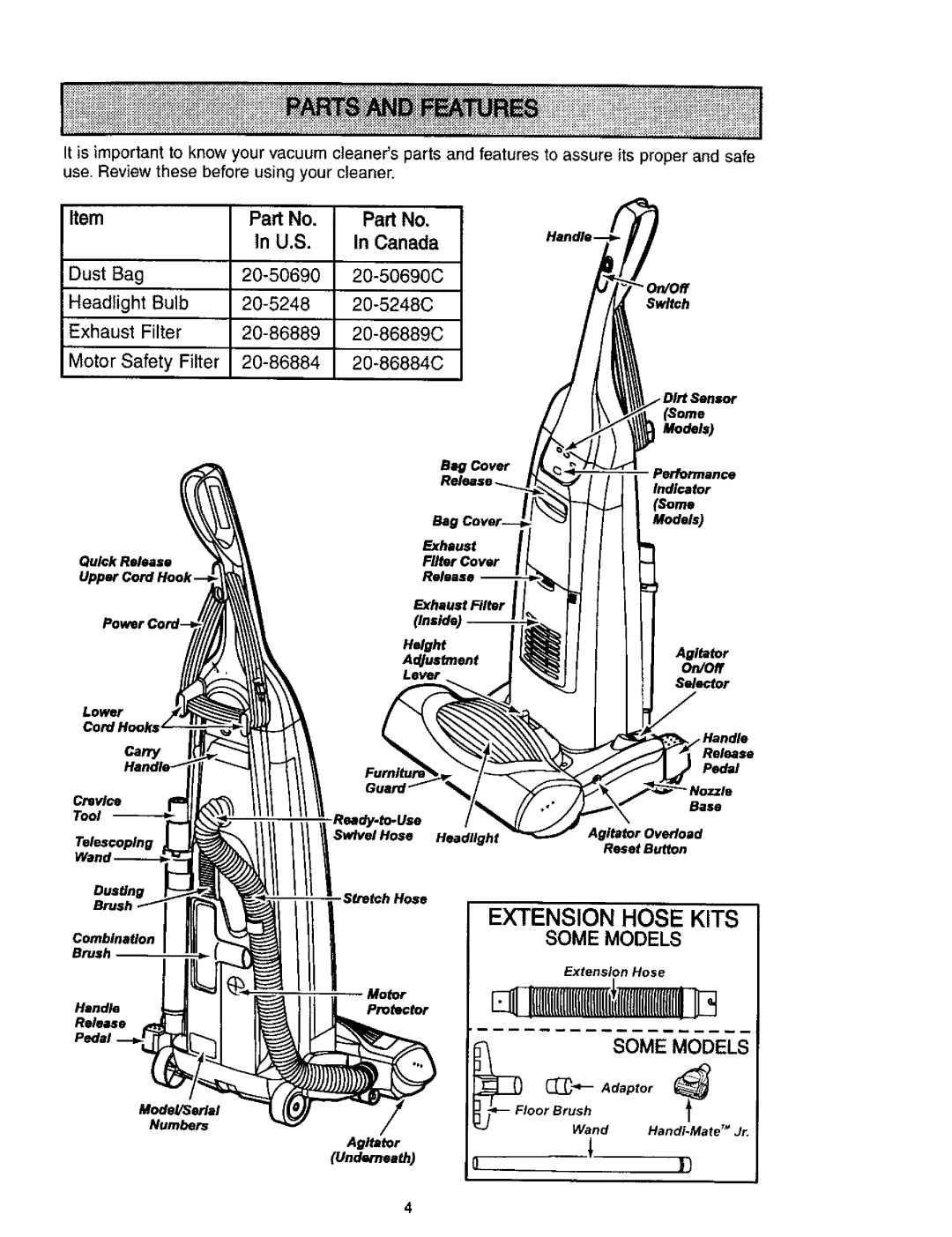 Kenmore 116.31912, 116.31913 Extension Hose Kits, Carry Crevice Tool, Bag Cover, Bag Exhaust Filter Cover, Models 