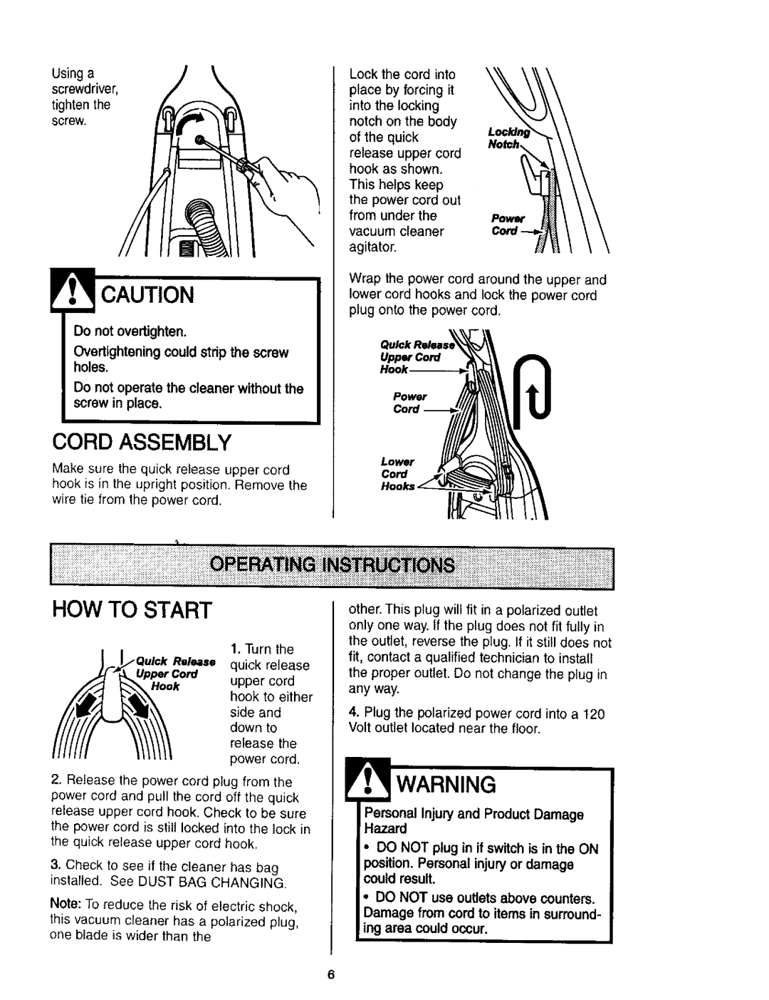 Kenmore 116.31912, 116.31913 owner manual Screw in place, Using a screwdriver Tighten, Turn, Rels= quick release, Cord 