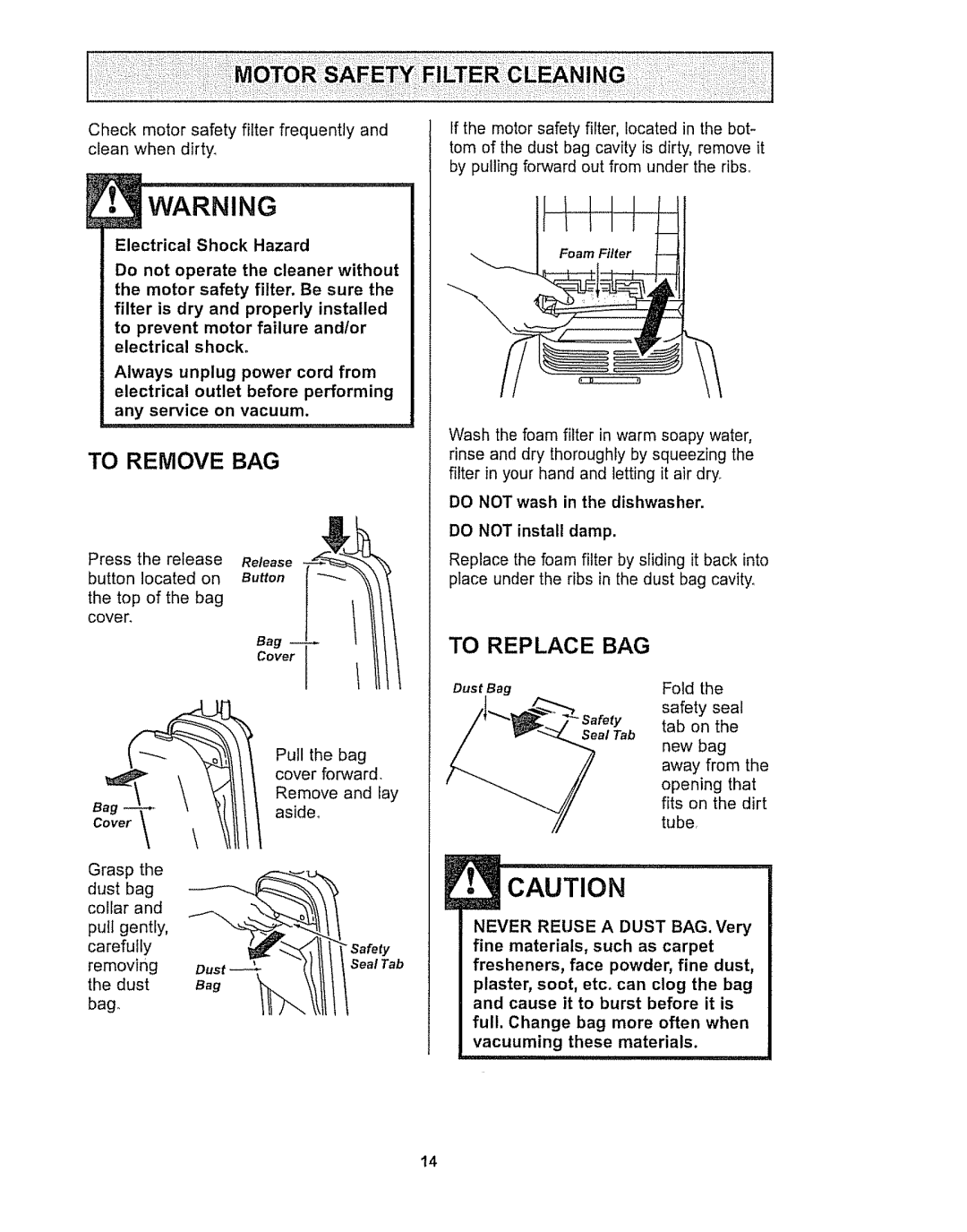 Kenmore 116.32289, 116.32189 owner manual To Remove BAG, To REP LAC E BAG, Electrical Shock Hazard, Safety 