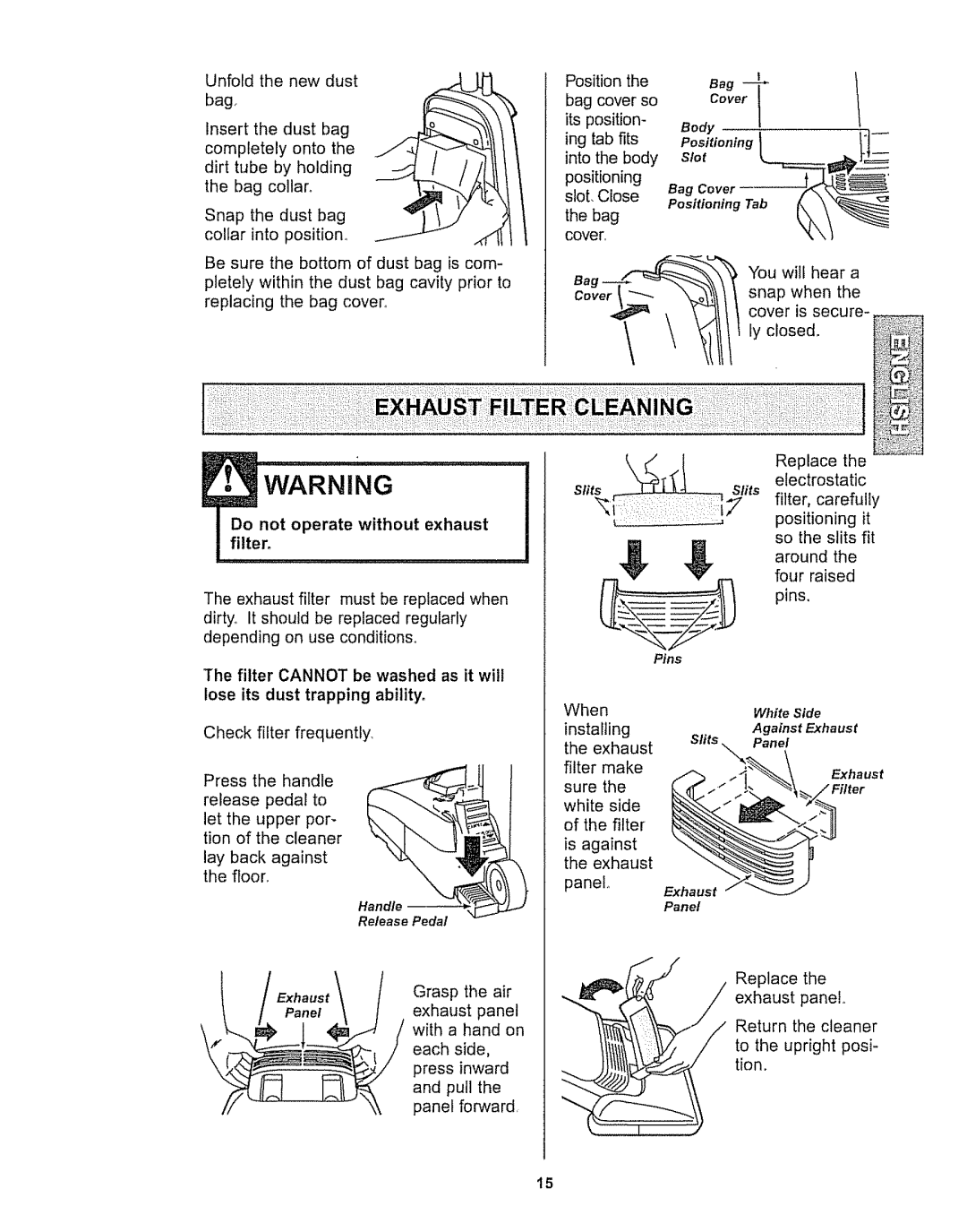 Kenmore 116.32189, 116.32289 owner manual Do not operate without exhaust filter, Exhaust Panel 