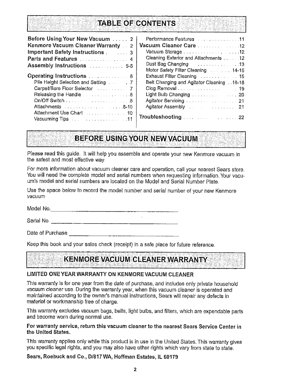 Kenmore 116.32289, 116.32189 owner manual Before Using, Parts, Limited Oneyear Warranty on Kenmore Vacuum Cleaner 