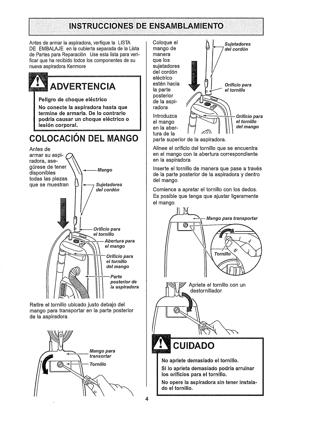 Kenmore 116.32289, 116.32189 owner manual Mango, Parte, Orificiopara, Det mango, No apriete demasfado et tornillo 