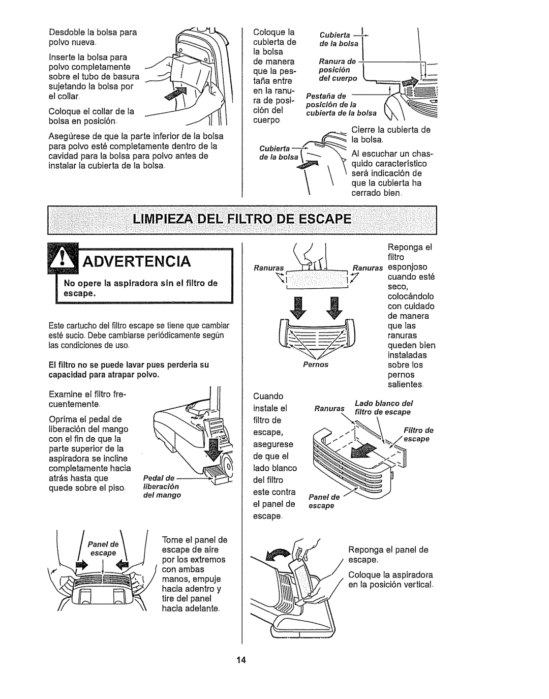 Kenmore 116.32289, 116.32189 owner manual Ranura de, Panel de, Escape 