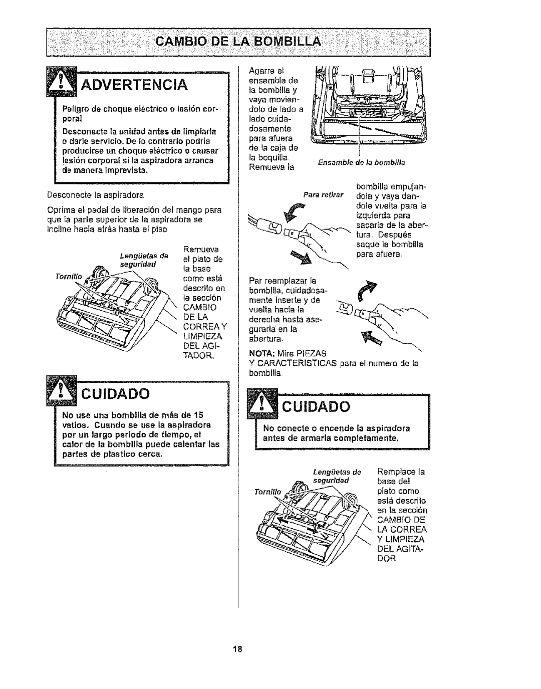 Kenmore 116.32289 Peltgro de choque elctrico o lesi6n cor, Lengietas de, El plato de, Para retirar dola y vaya dan 