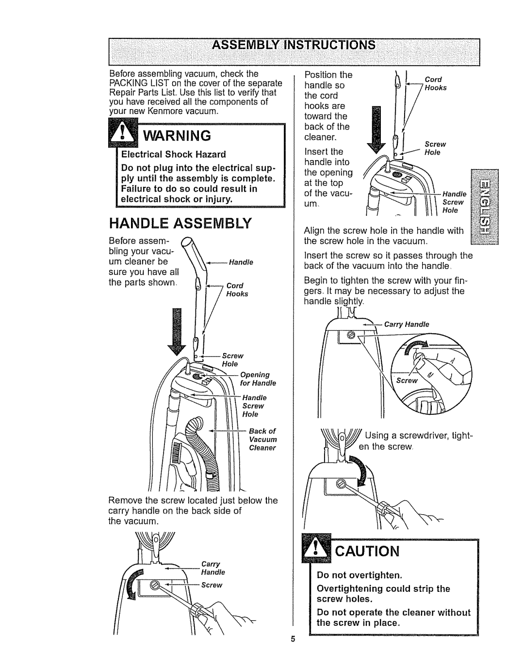 Kenmore 116.32189, 116.32289 owner manual Handle Assembly, Do not overtighten 