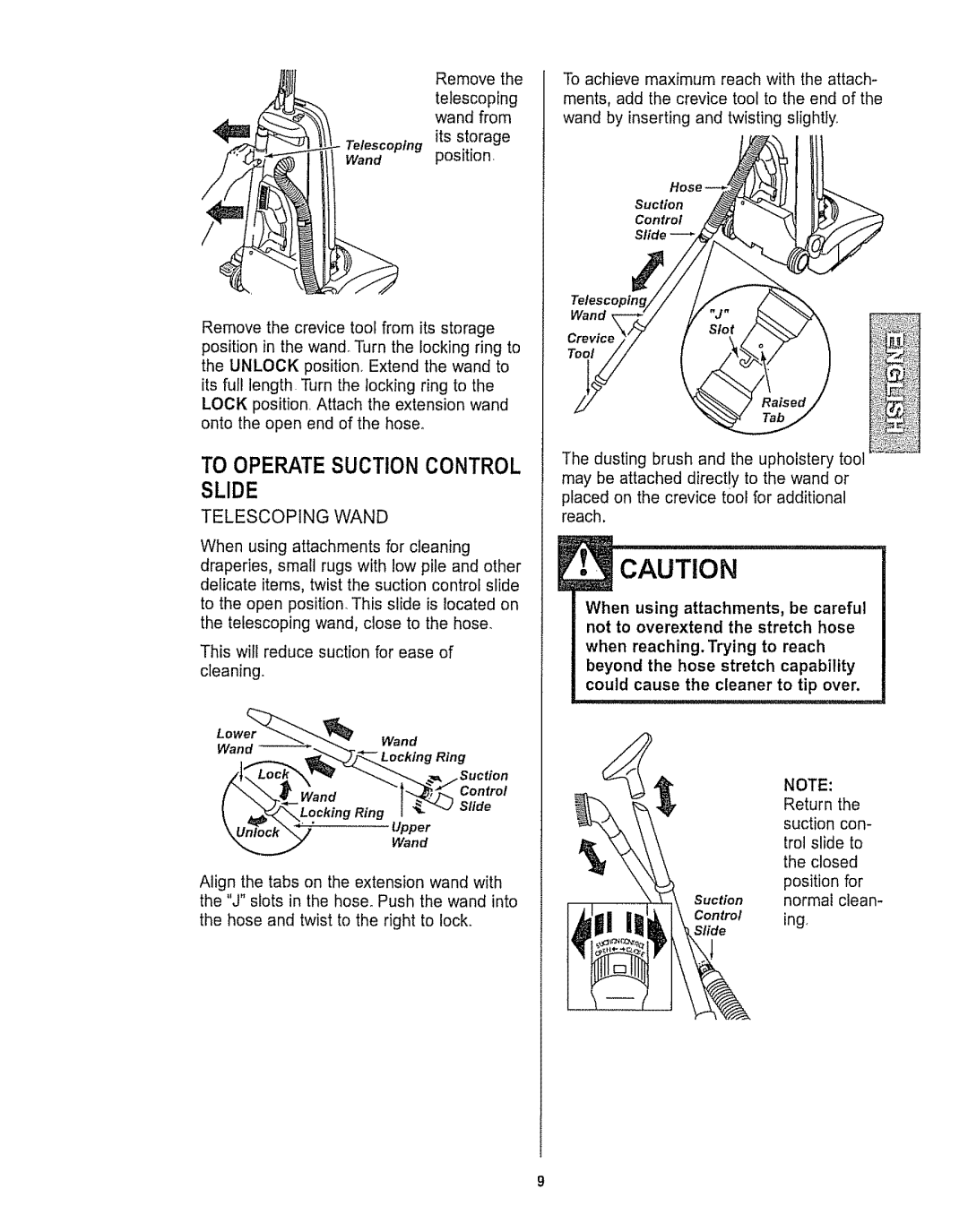 Kenmore 116.32189, 116.32289 owner manual To Operatesuctioncontrol, Slide, Telescoping Wand 